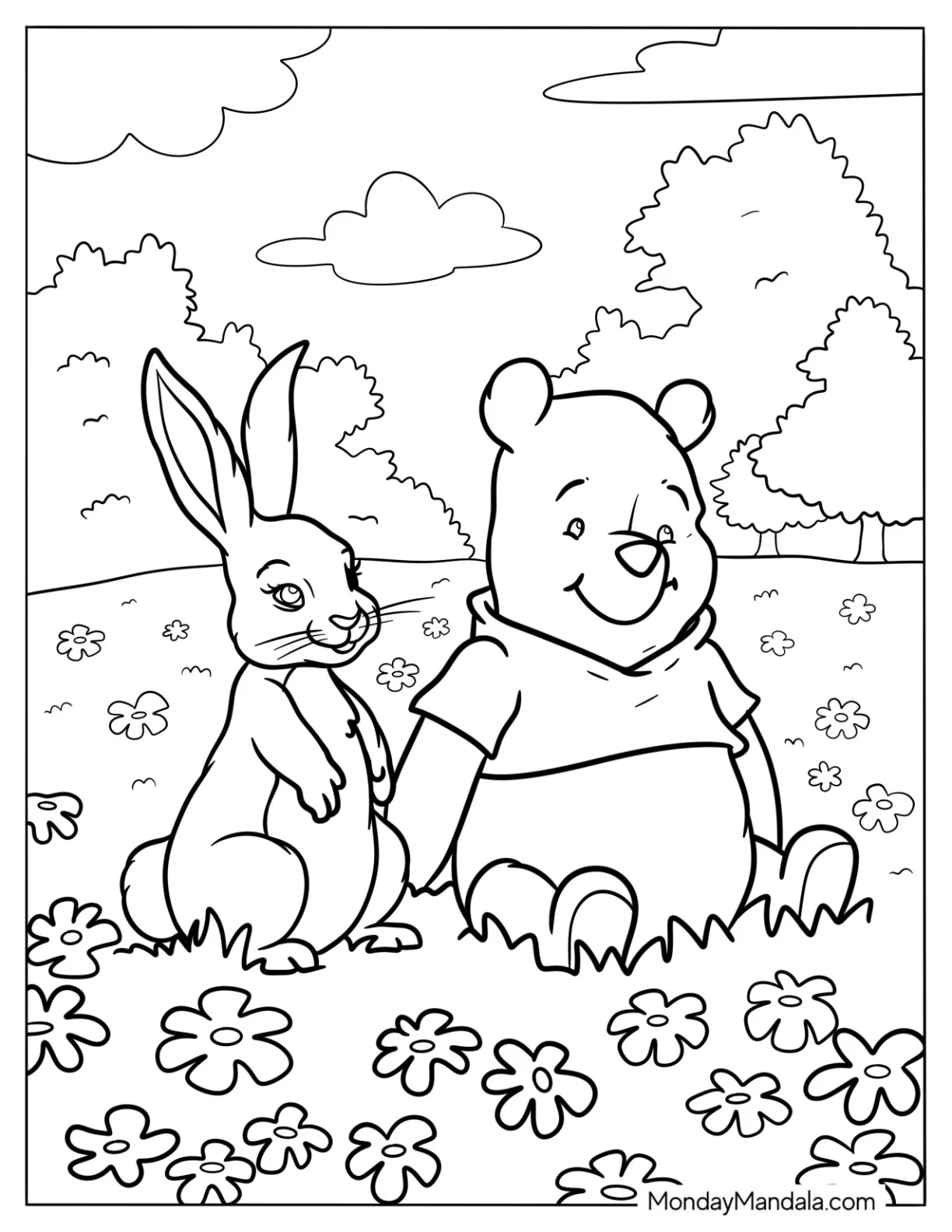 Winnie The Pooh Sitting On A Flower Field With A Rabbit Coloring Page coloring page