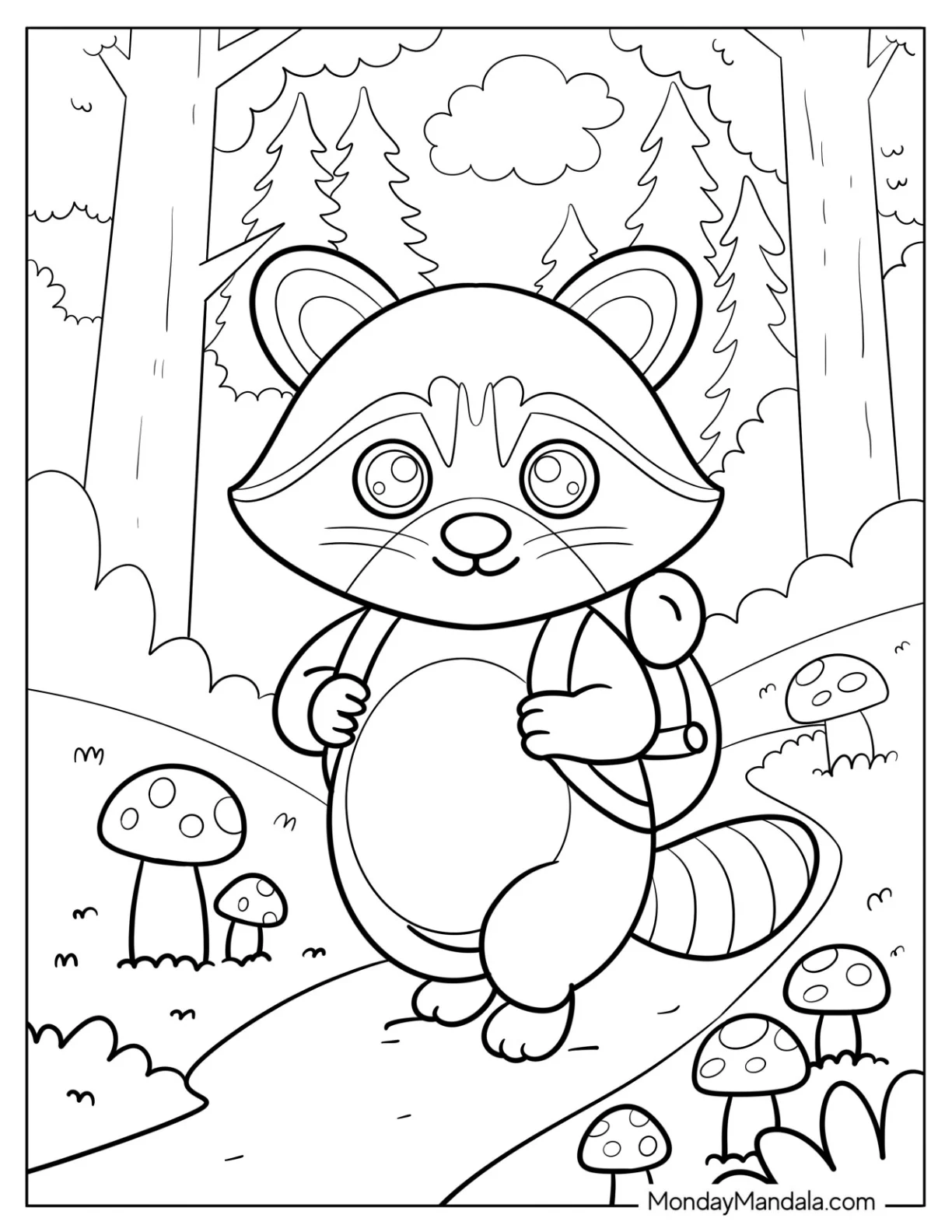 Adventurous Raccoon Coloring Page with Backpack Hiking in Forest for Kids coloring page