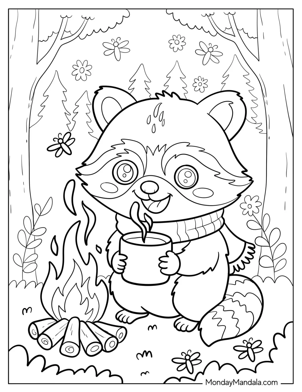 Camping Raccoon Coloring Page with Scarf and Hot Drink in Front of Bonfire for Kids coloring page