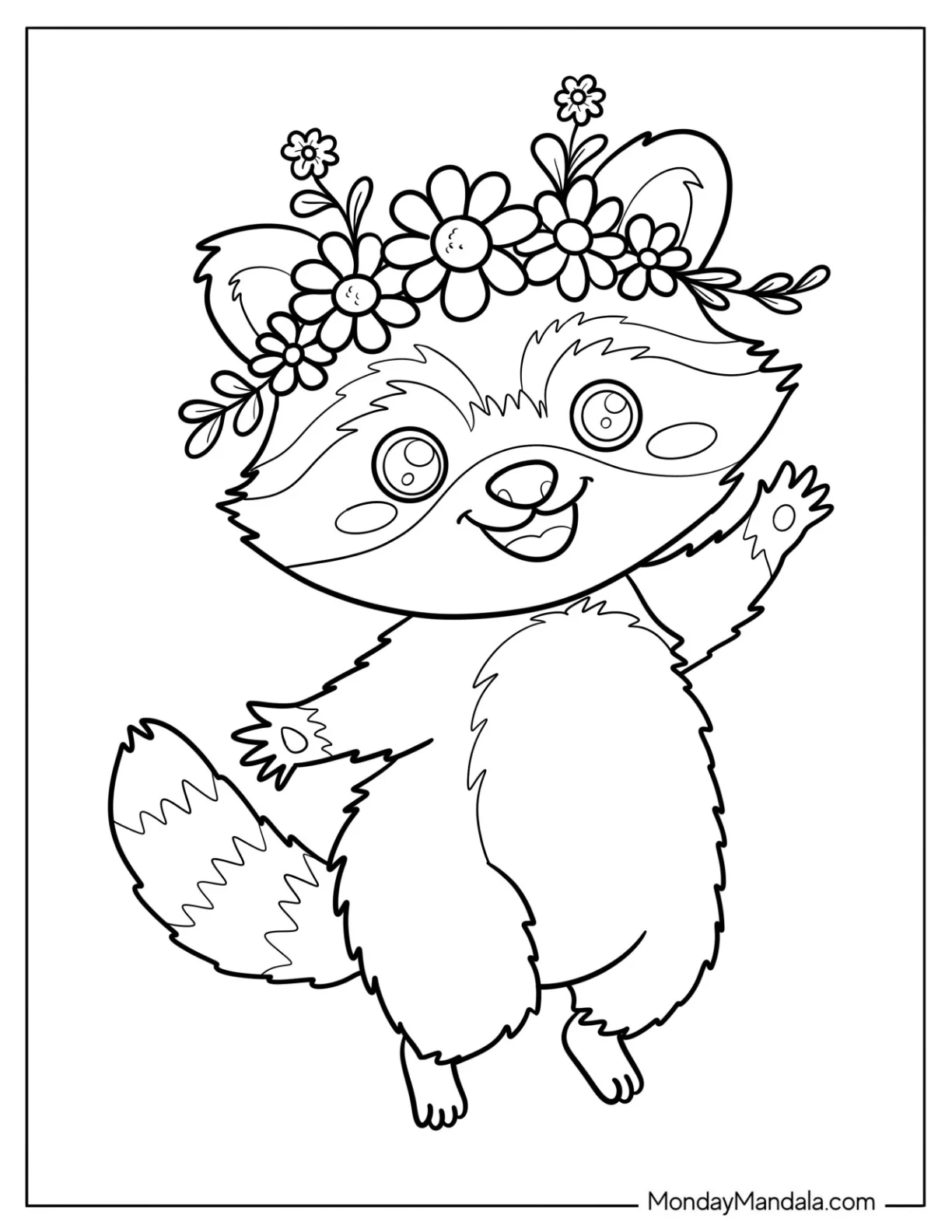 Dancing Raccoon Coloring Page with Flower Crown for Kids coloring page