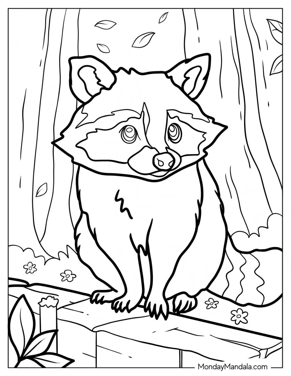 Detailed Furry Raccoon Coloring Page In A Forest coloring page — printable line art
