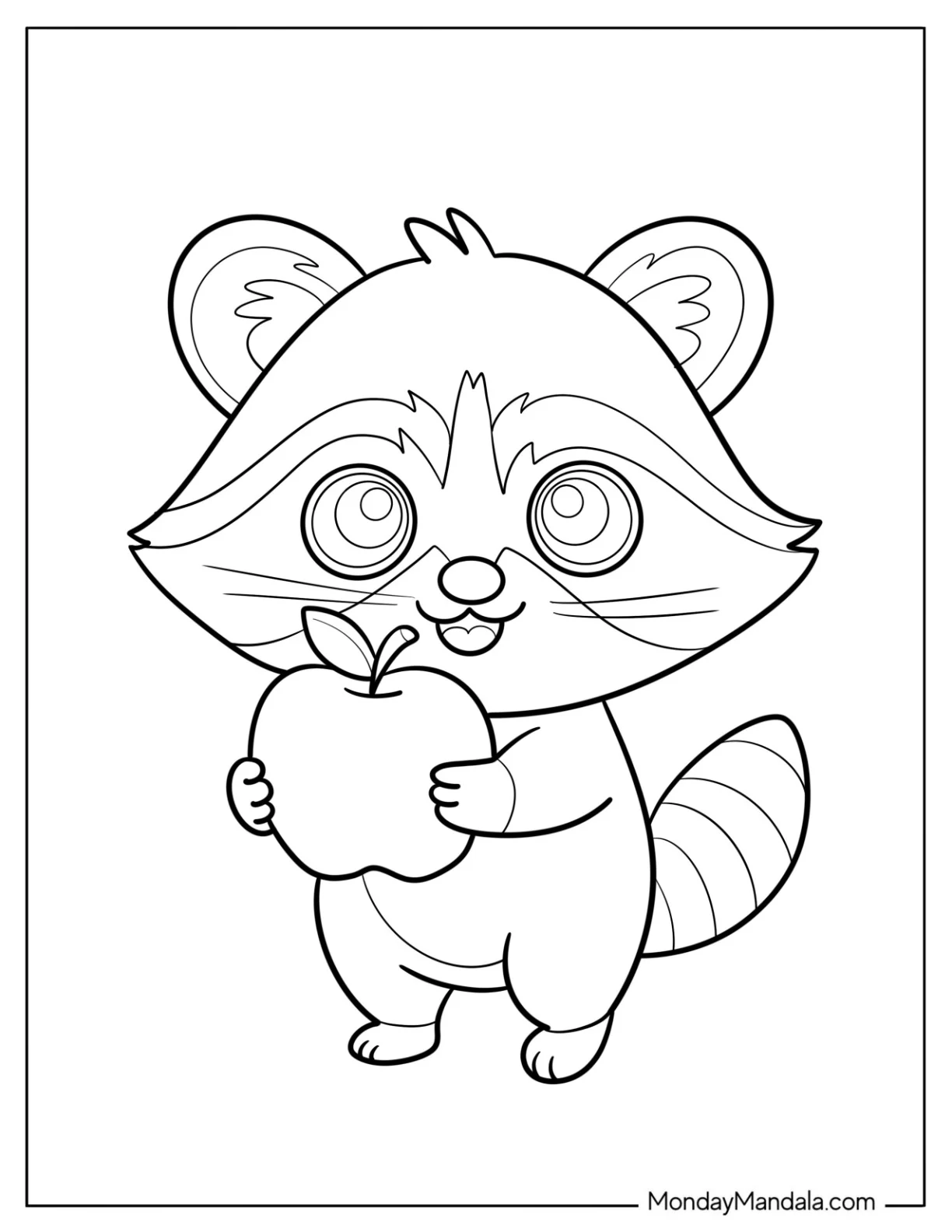 Easy Baby Raccoon Coloring Page Holding an Apple for Preschoolers coloring page