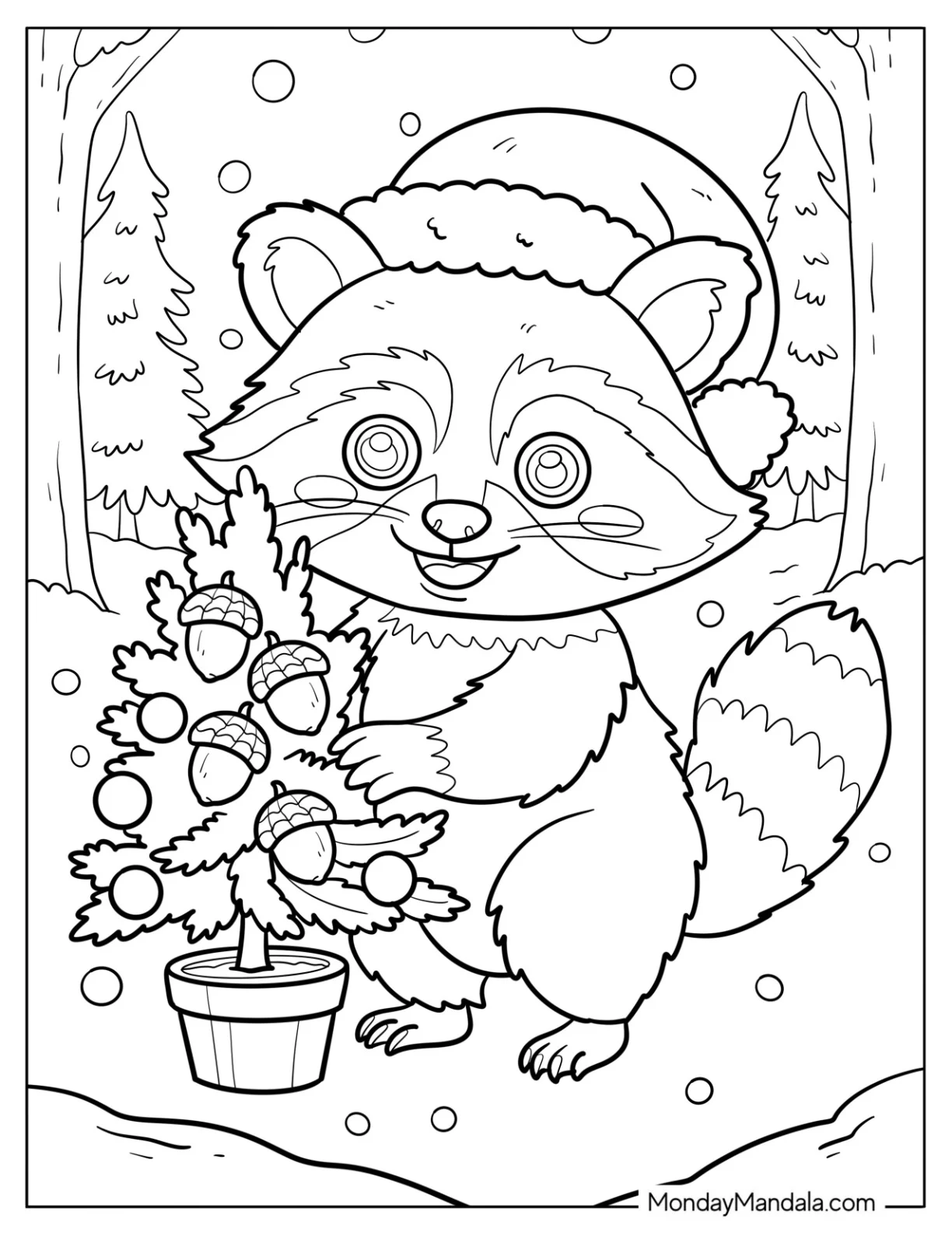 Festive Raccoon Coloring Page in Santa Hat Decorating a Tiny Christmas Tree coloring page