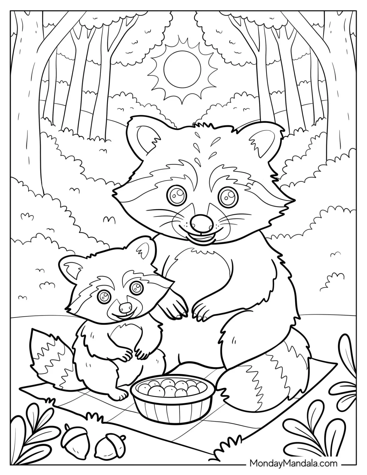 Mama and Baby Raccoon Coloring Page Having a Picnic in the Park for Kids coloring page