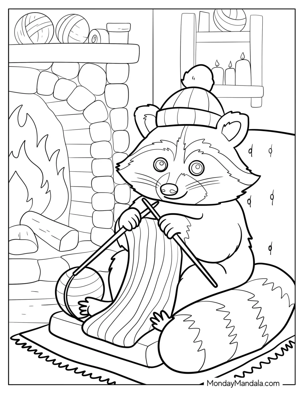 Old Raccoon Coloring Page Knitting Next to a Fireplace coloring page — printable line art