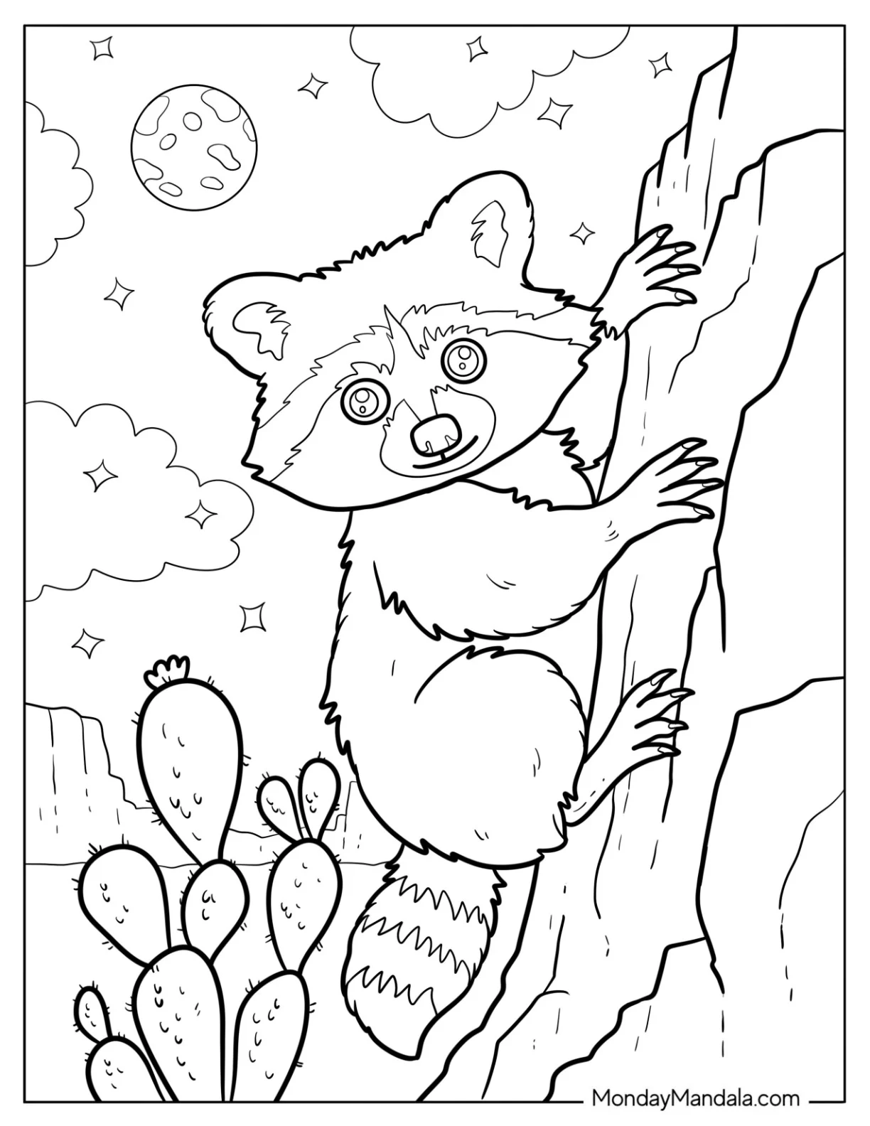 Raccoon Coloring Page Climbing a Rock in the Desert coloring page