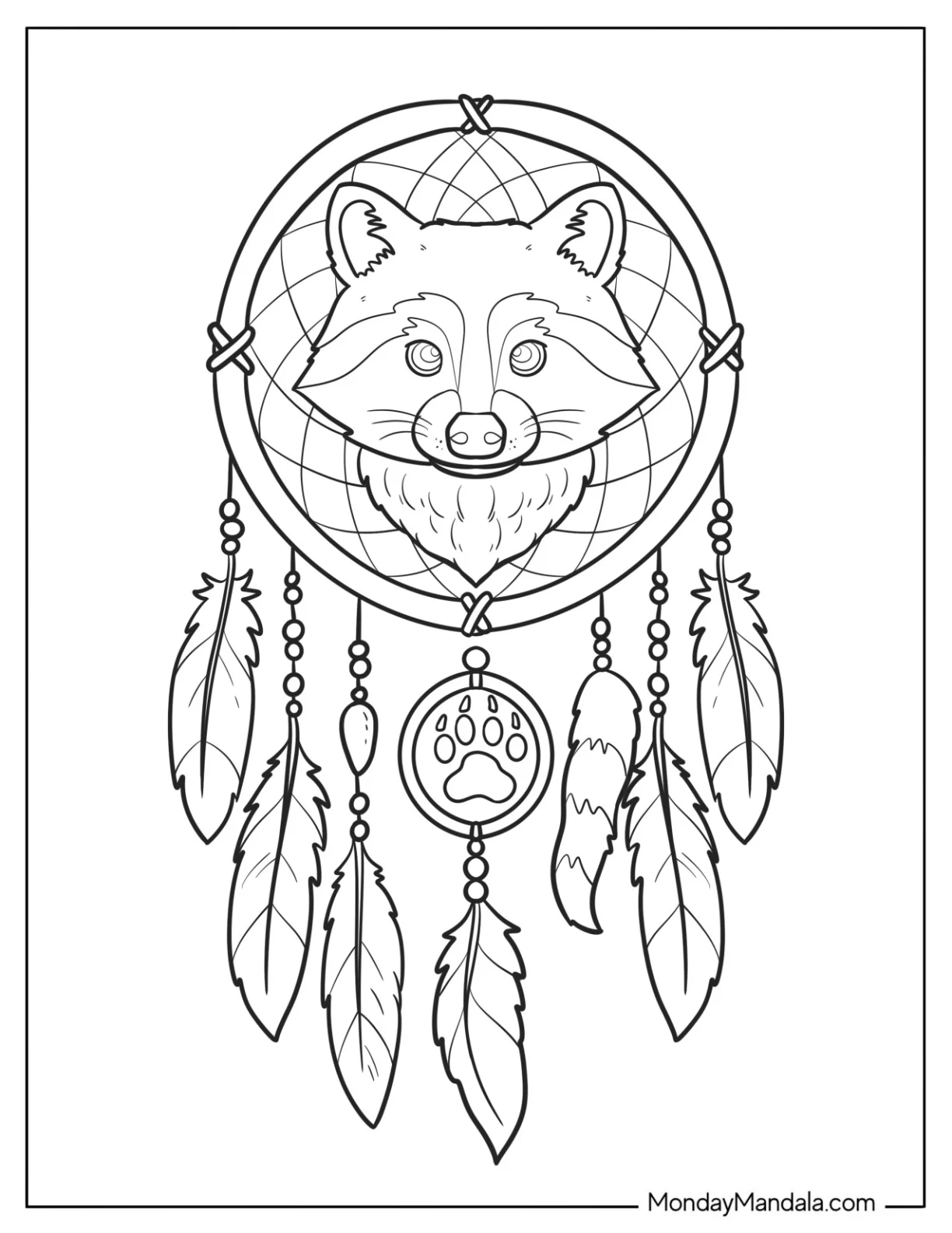Raccoon Coloring Page in Dreamcatcher with Paw Charms and Feathers coloring page