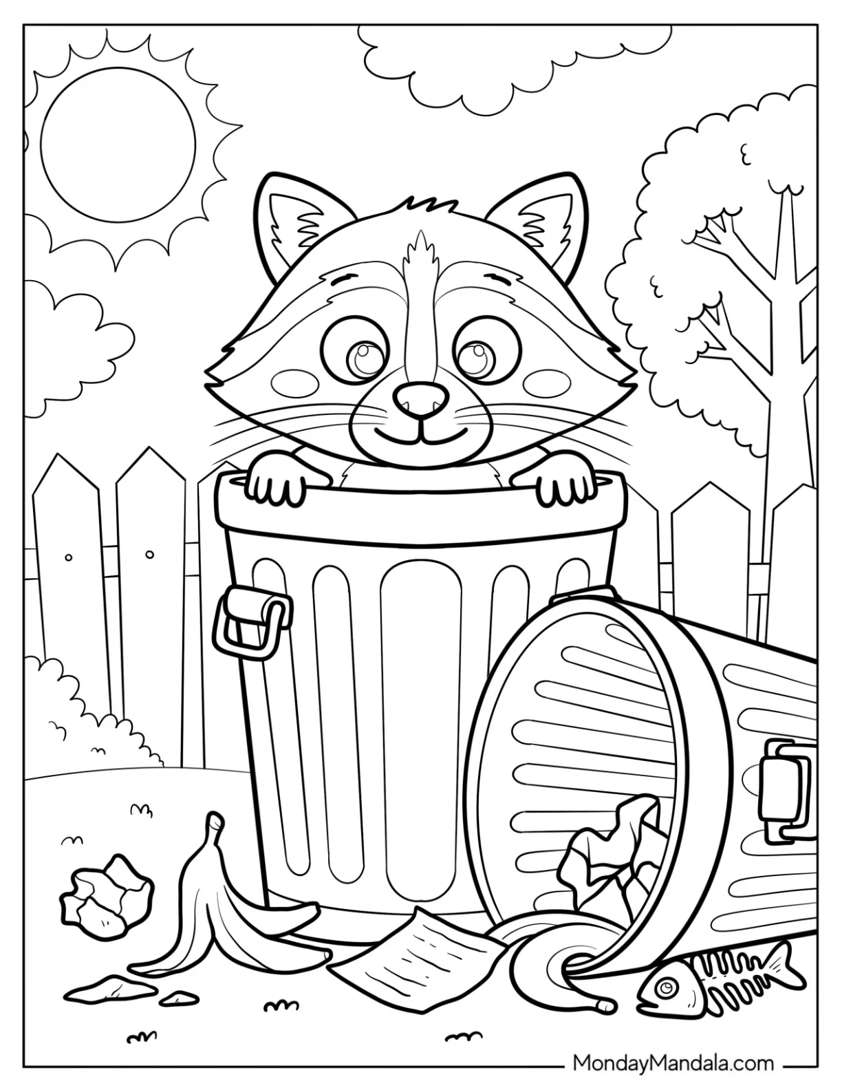 Raccoon Coloring Page Looking for Food in Trash Bins coloring page — printable line art