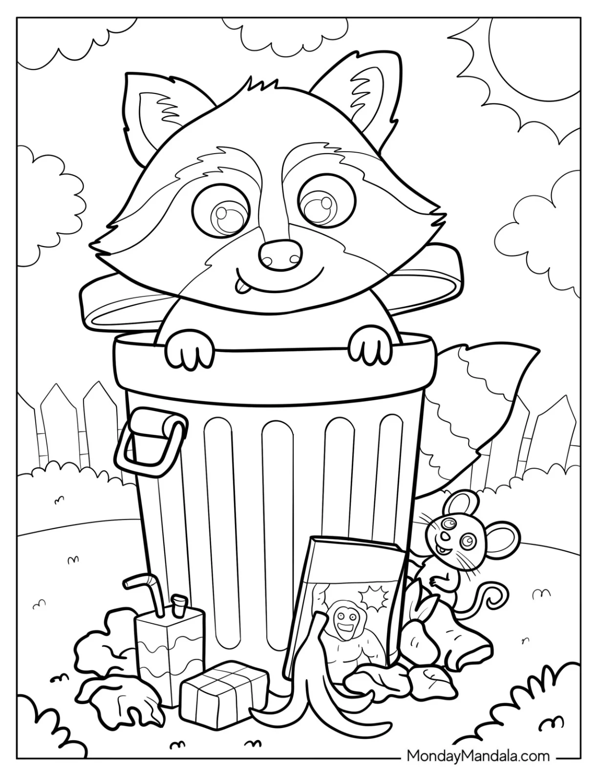 Raccoon Coloring Page Peeking Out of Trash Bin at Food around Mouse coloring page