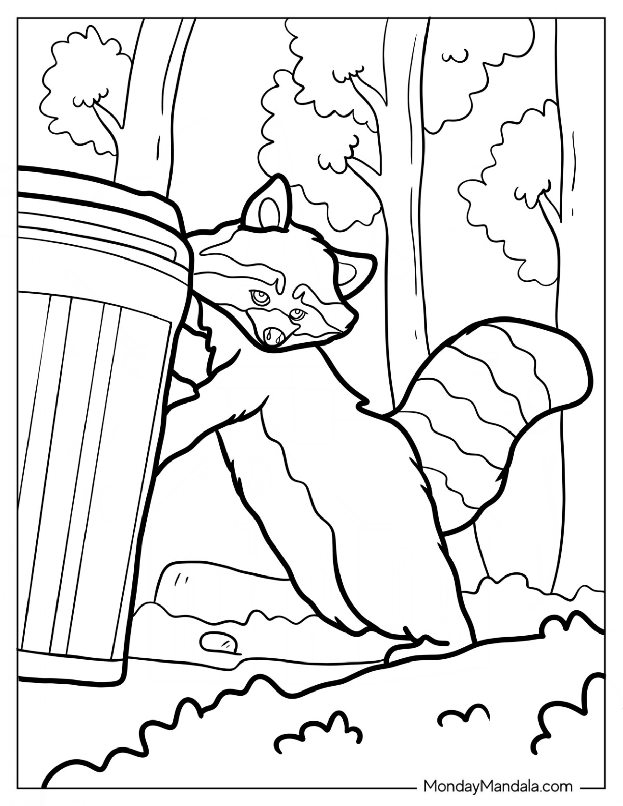 Raccoon Coloring Page Pushing A Garbage Bin coloring page