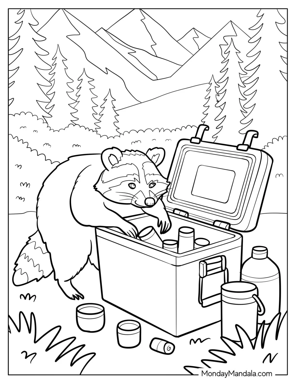 Raccoon Coloring Page Stealing Food From Container in the Forest coloring page