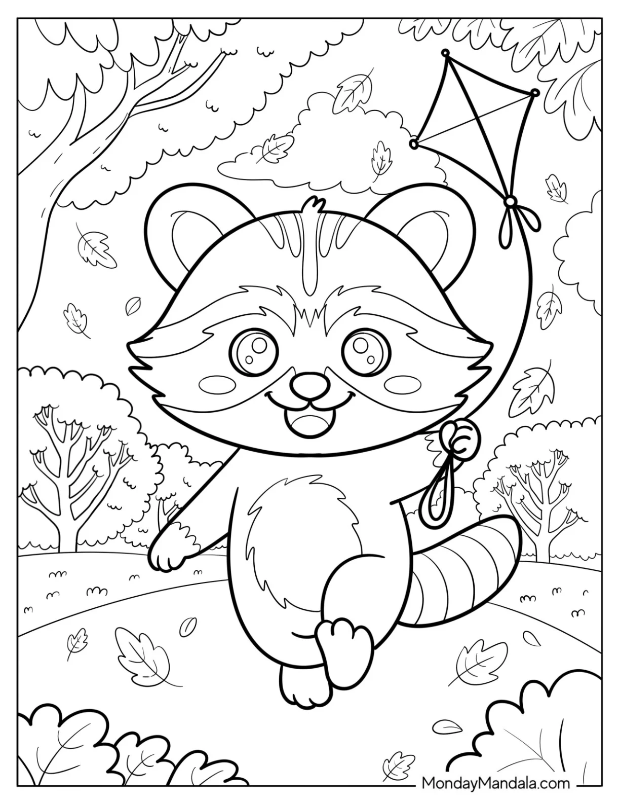 Young Raccoon Coloring Page Flying a Kite in the Park at Fall for Kids coloring page