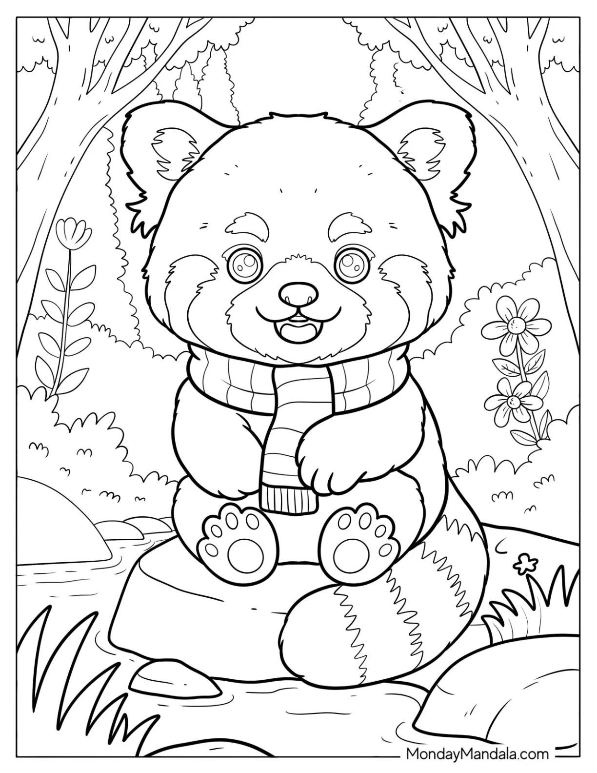 Cozy Red Panda Coloring Page Wearing a Striped Scarf in the Forest coloring page — printable line art