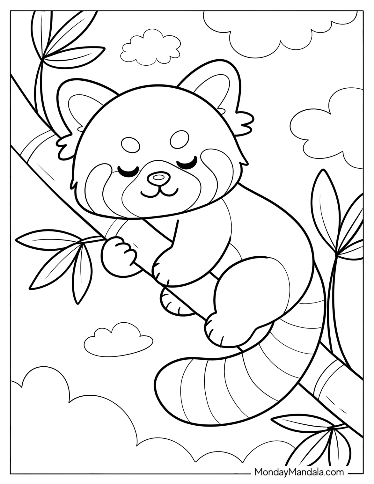 Cute Red Panda Coloring Page Sleeping on a Bamboo for Preschoolers coloring page — printable line art