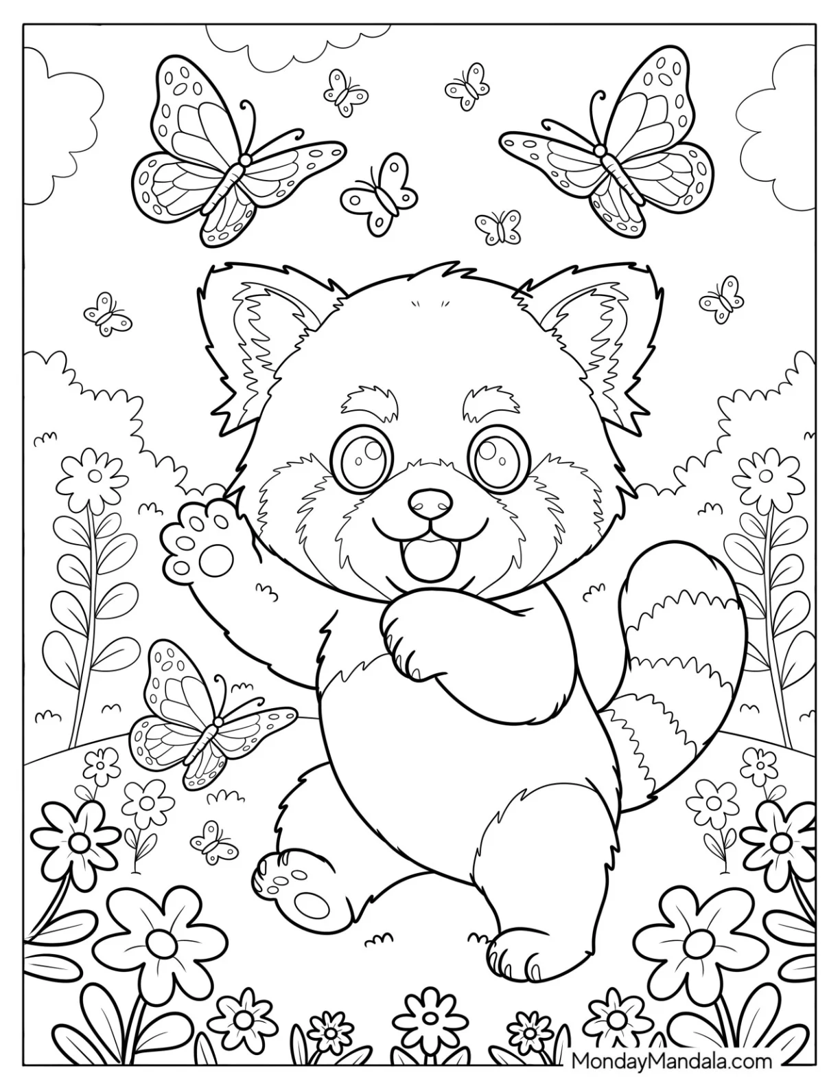 Dancing Red Panda Coloring Page in a Flower Garden for Kids coloring page