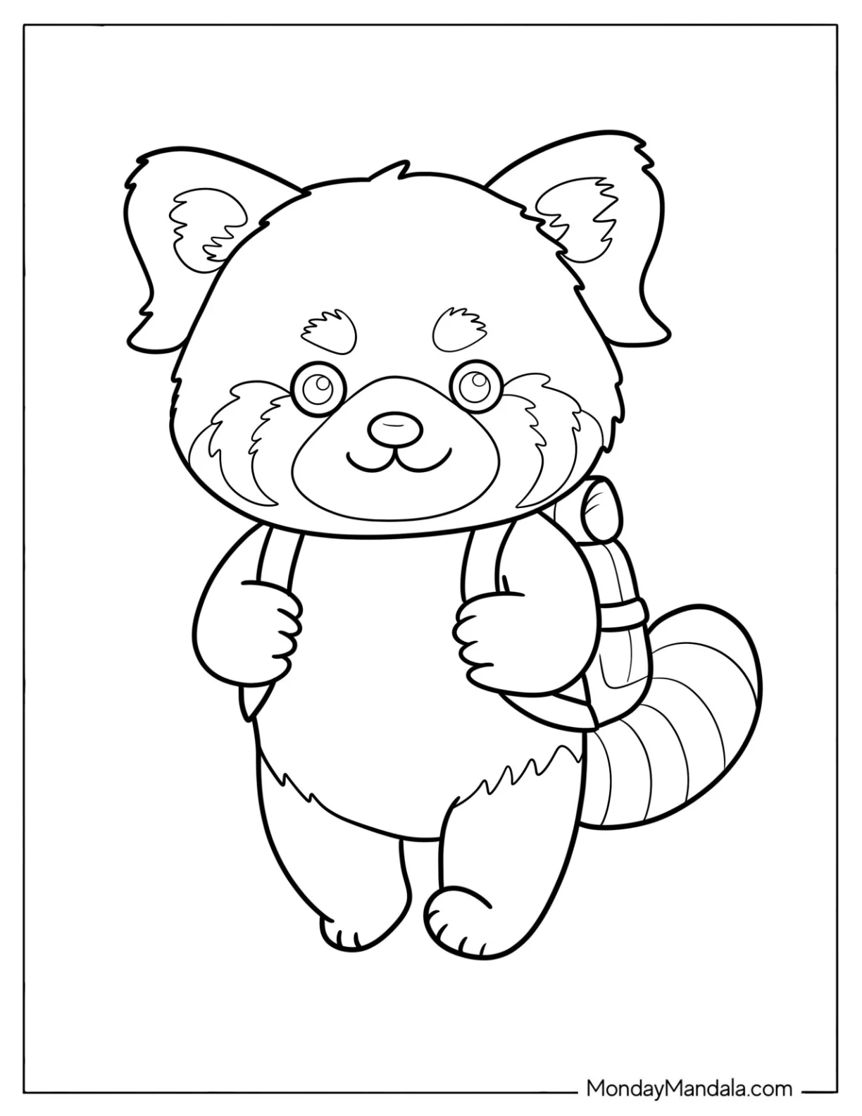 Easy Red Panda Coloring Page Walking with a Backpack for Preschoolers coloring page