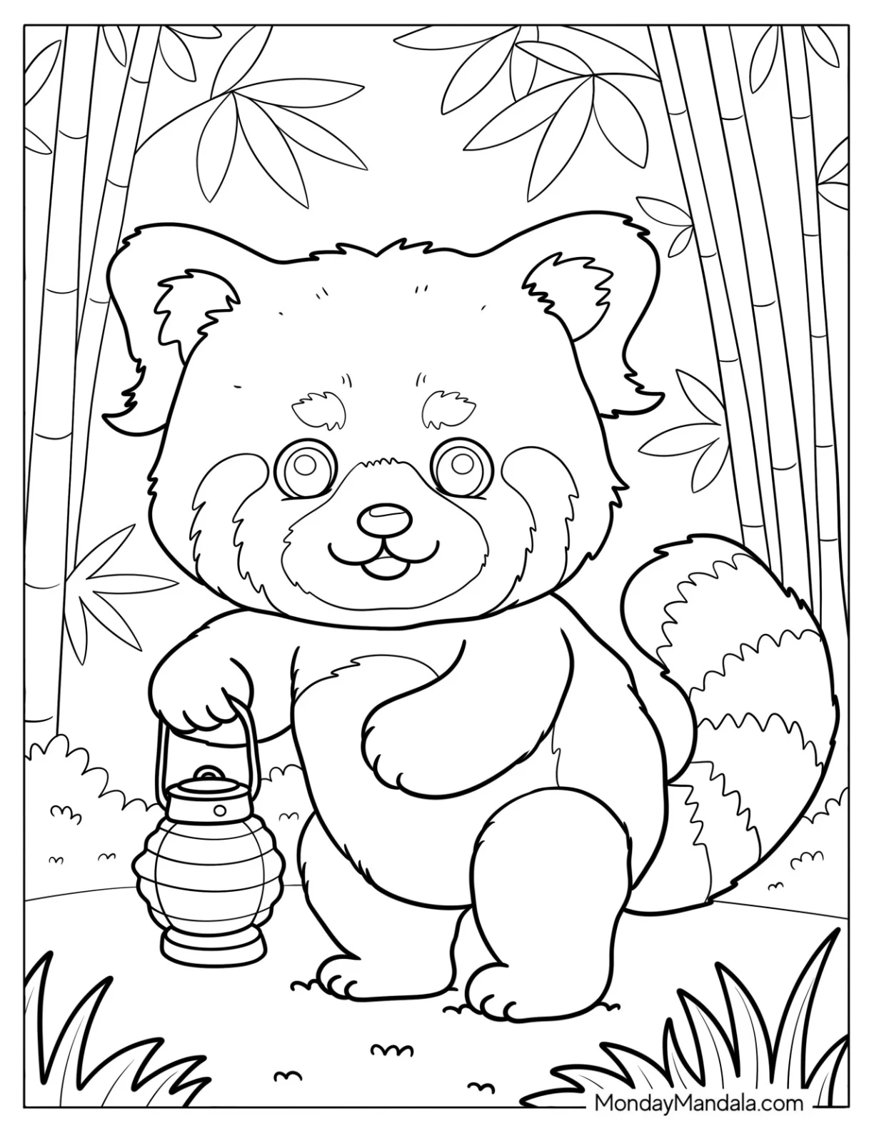 Furry Red Panda Coloring Page Wandering a Bamboo Forest with a Lamp for Kids coloring page