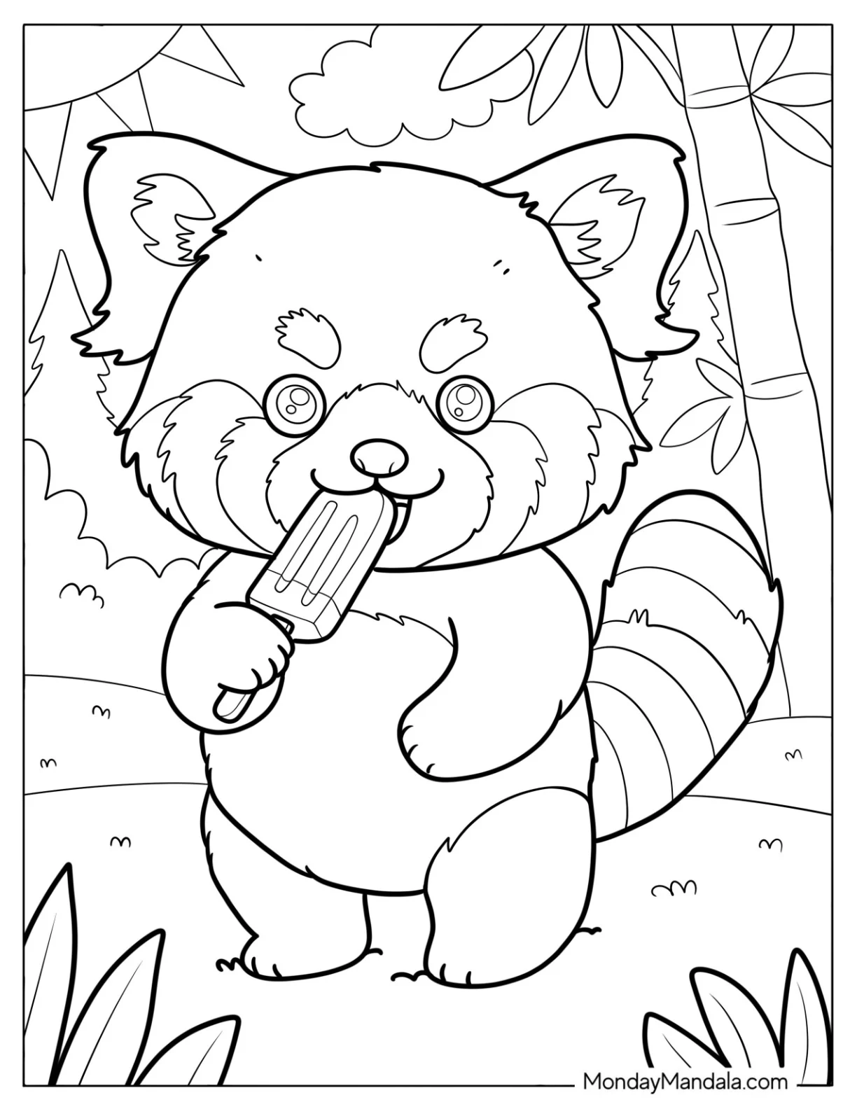 Hungry Red Panda Coloring Page Eating a Popsicle  for Kids coloring page