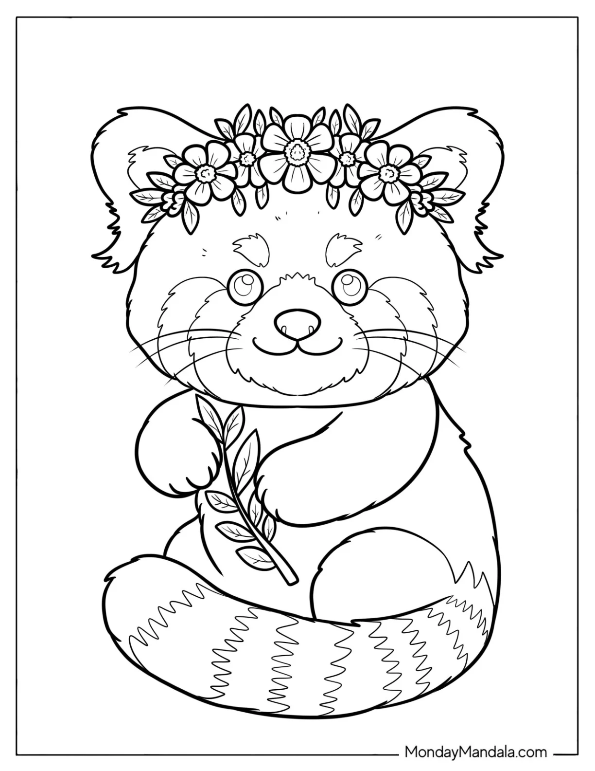 Lovely Red Panda Coloring Page with Flower Crown Holding a a Tree Branch for Kids coloring page