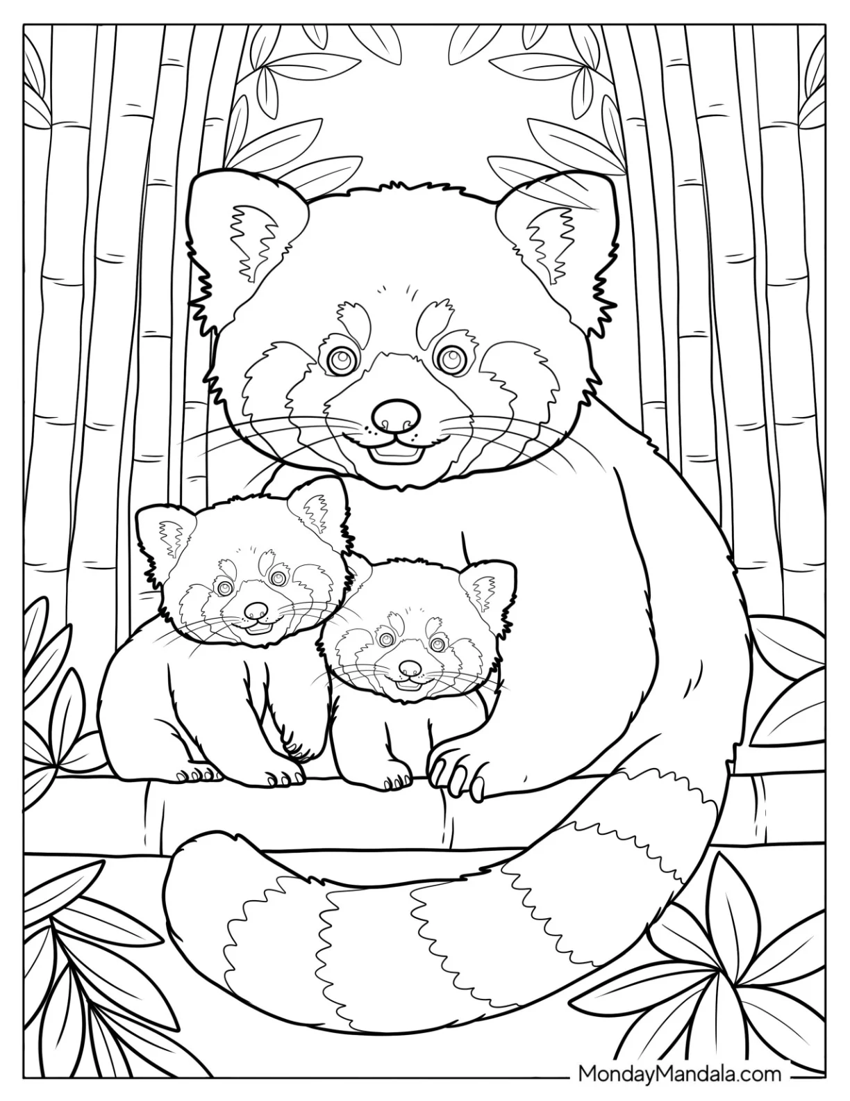 Mother Red Panda Coloring Page with Her Two Cubs coloring page