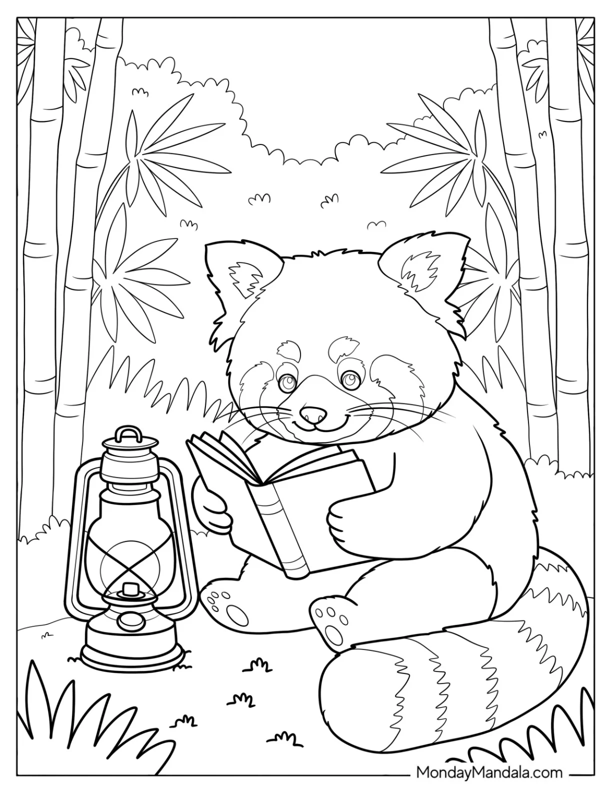 Nerdy Red Panda Coloring Page Reading a Book with an Lamp coloring page
