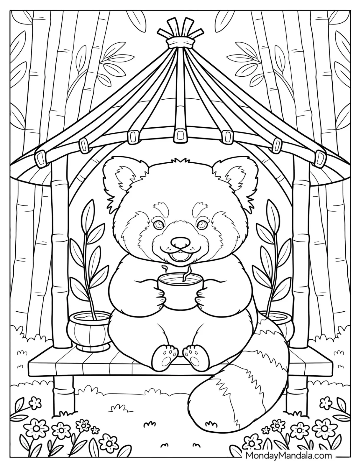 Red Panda Coloring Page Drinking Tea under a Bamboo Hut coloring page — printable line art