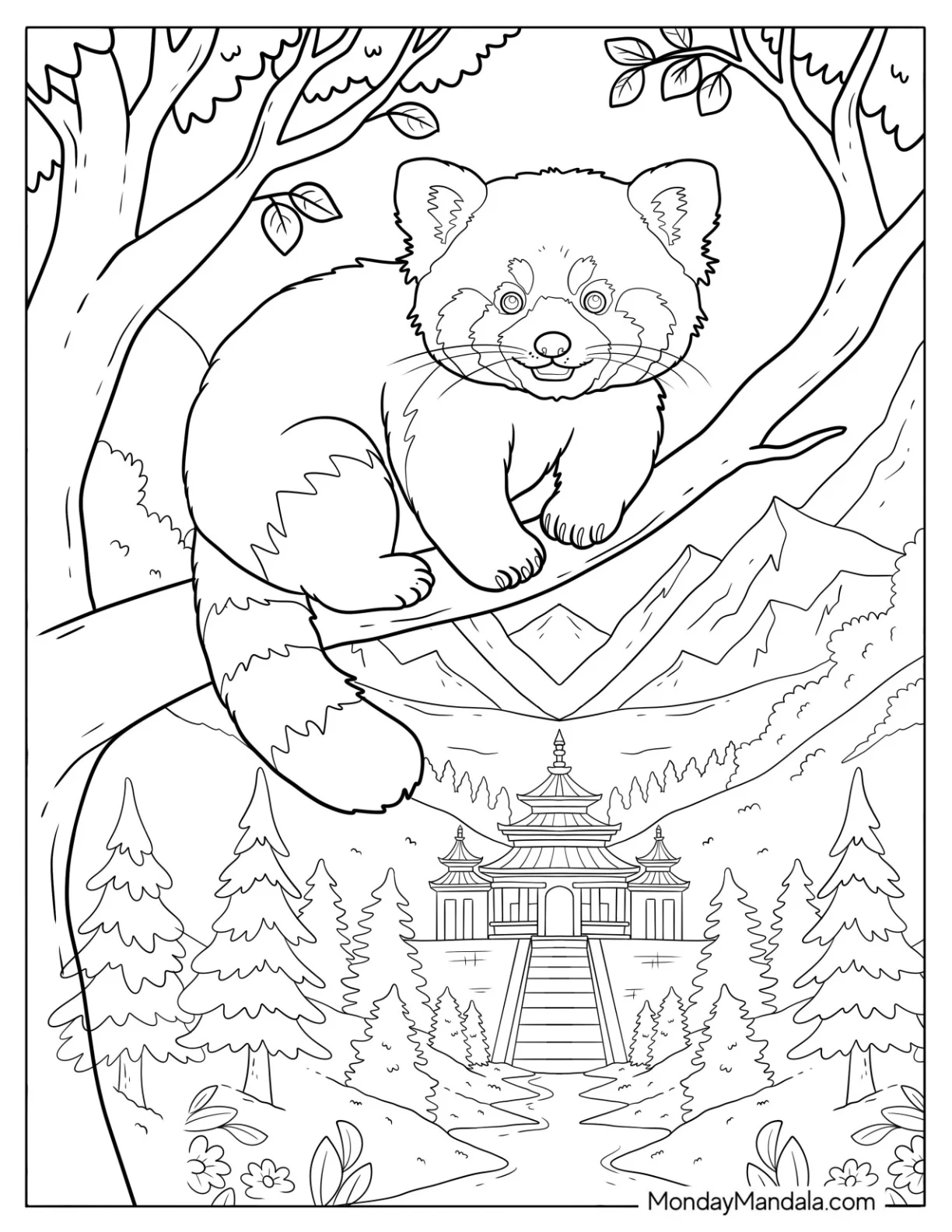 Red Panda Coloring Page Perched on a Tree Outside a Palace coloring page