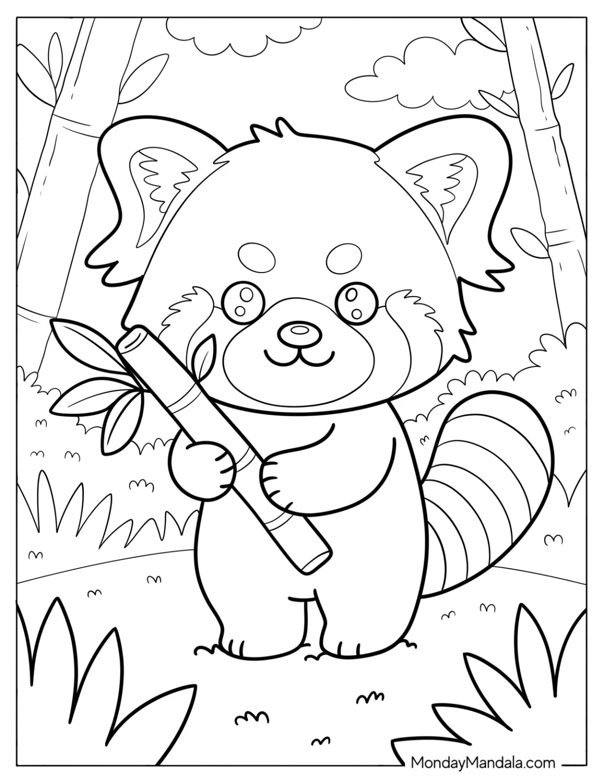 Simple Smiling Red Panda Coloring Page Holding a Bamboo for Preschoolers coloring page — printable line art