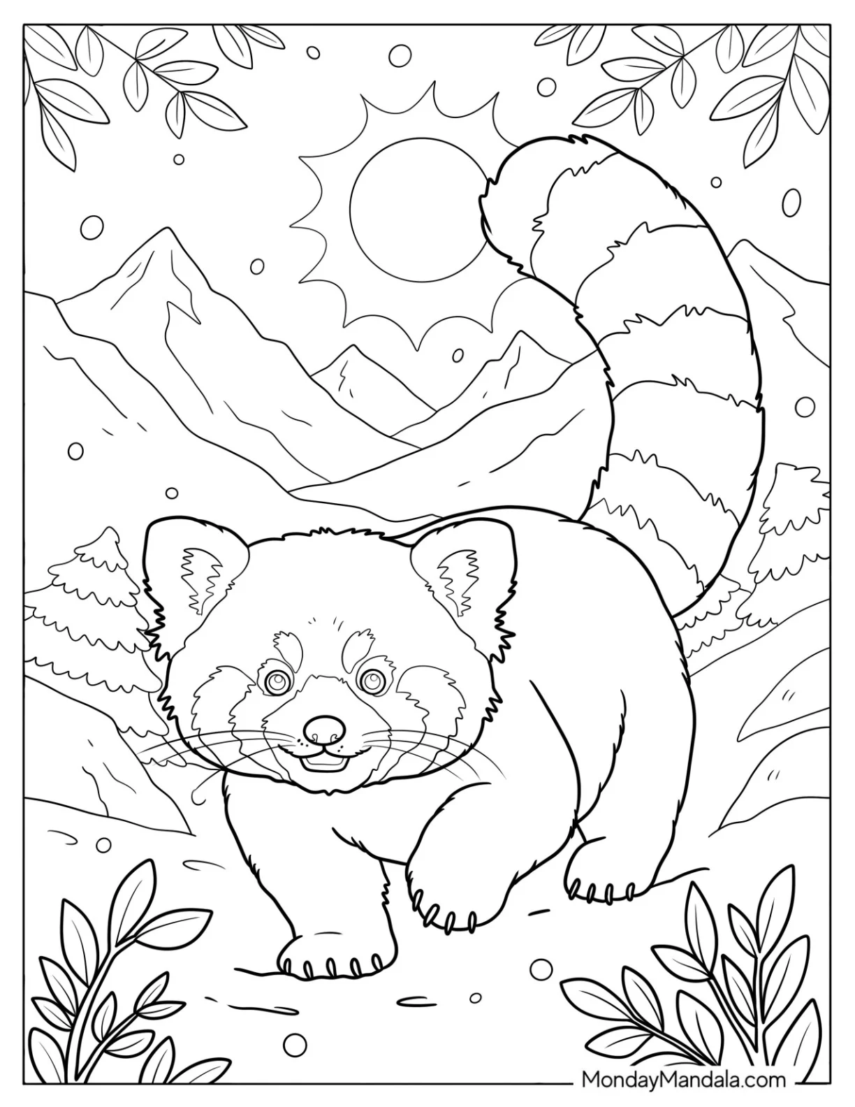Smiling Red Panda Coloring Page Walking on Mountain Terrain coloring page — printable line art
