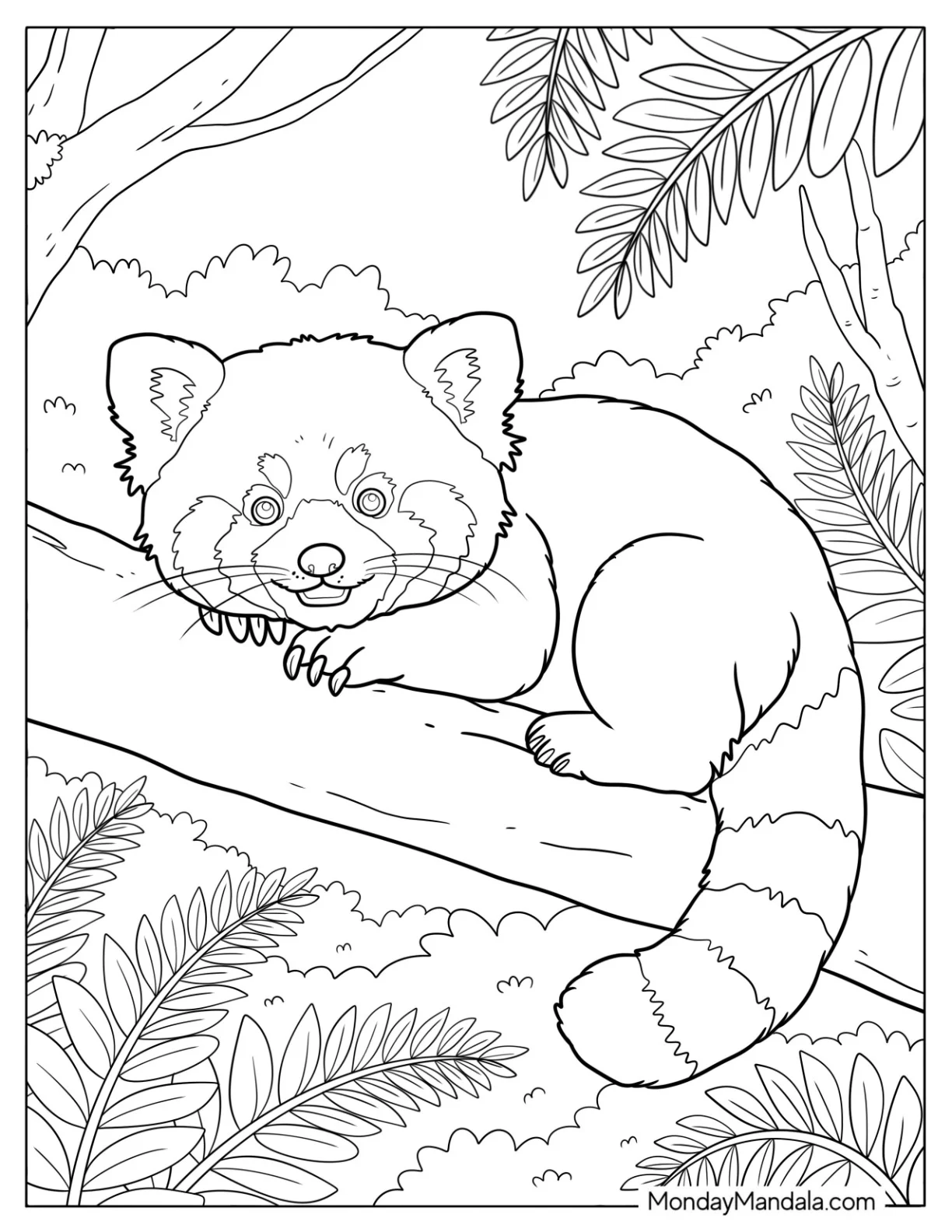Tired Red Panda Coloring Page Resting on a Tree Log coloring page — printable line art
