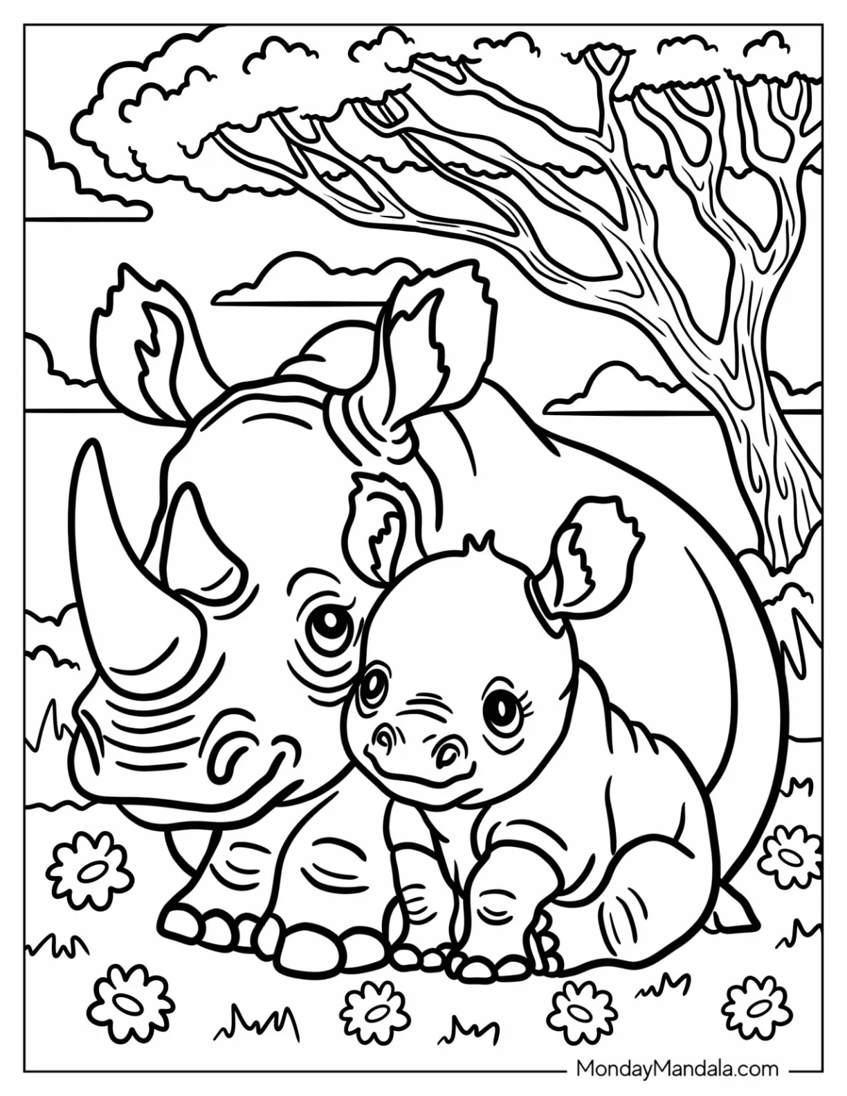 Adorable Mama Rhino with Her Baby Rhino Coloring Page for Kids coloring page