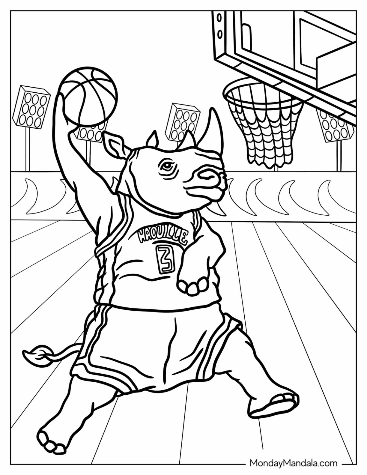 Athletic Rhino Coloring Page Playing Basketball for Kids coloring page