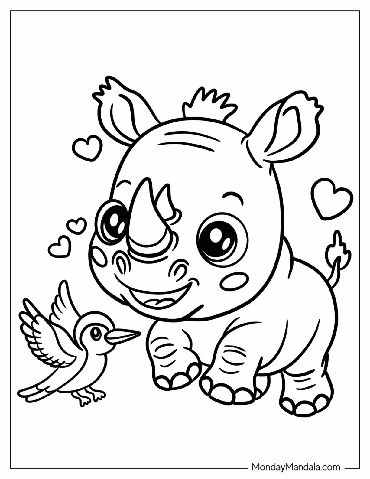 Baby Rhino Coloring Page Playing with a Bird for Preschoolers coloring page