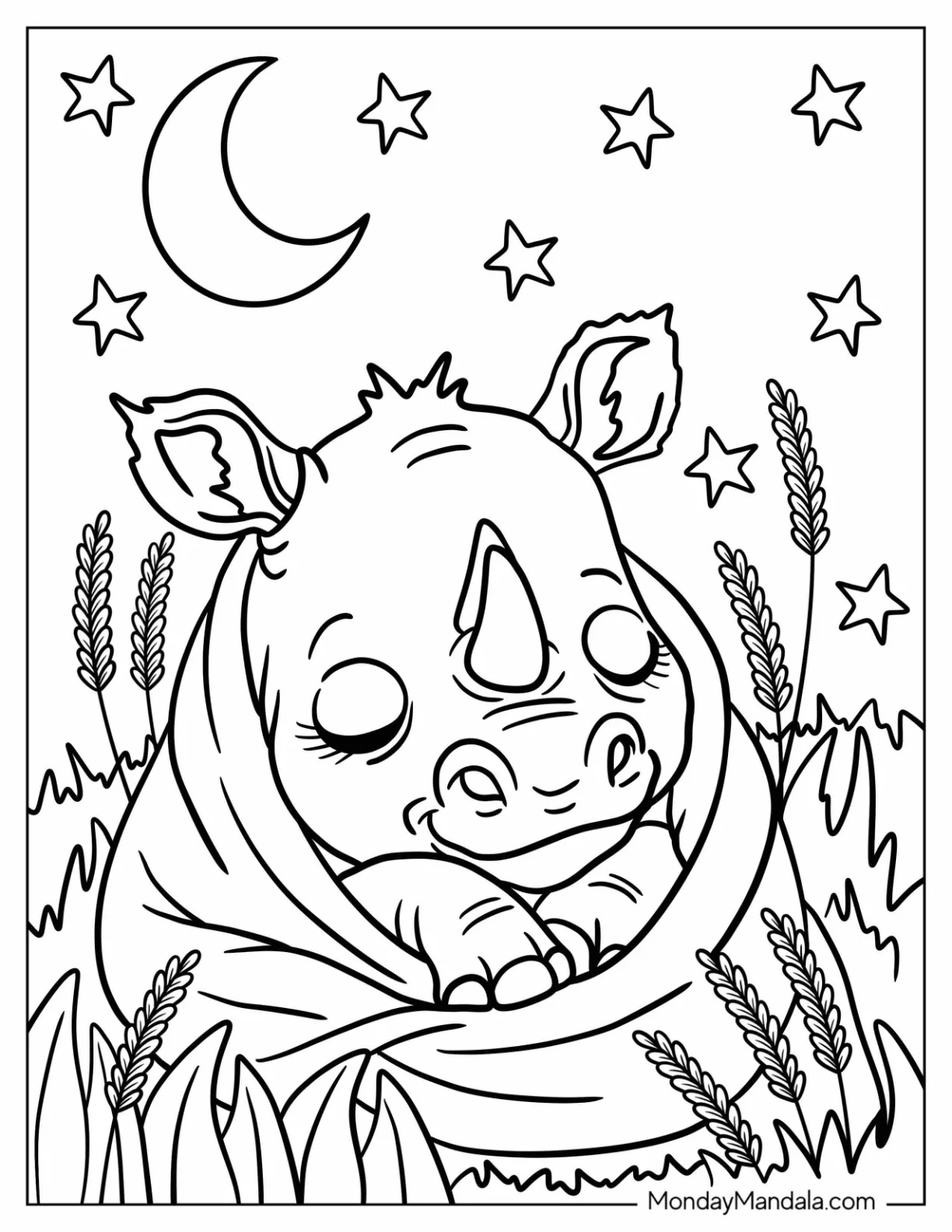 Cozy Rhino Coloring Page Wrapped in a Blanket for Kids coloring page