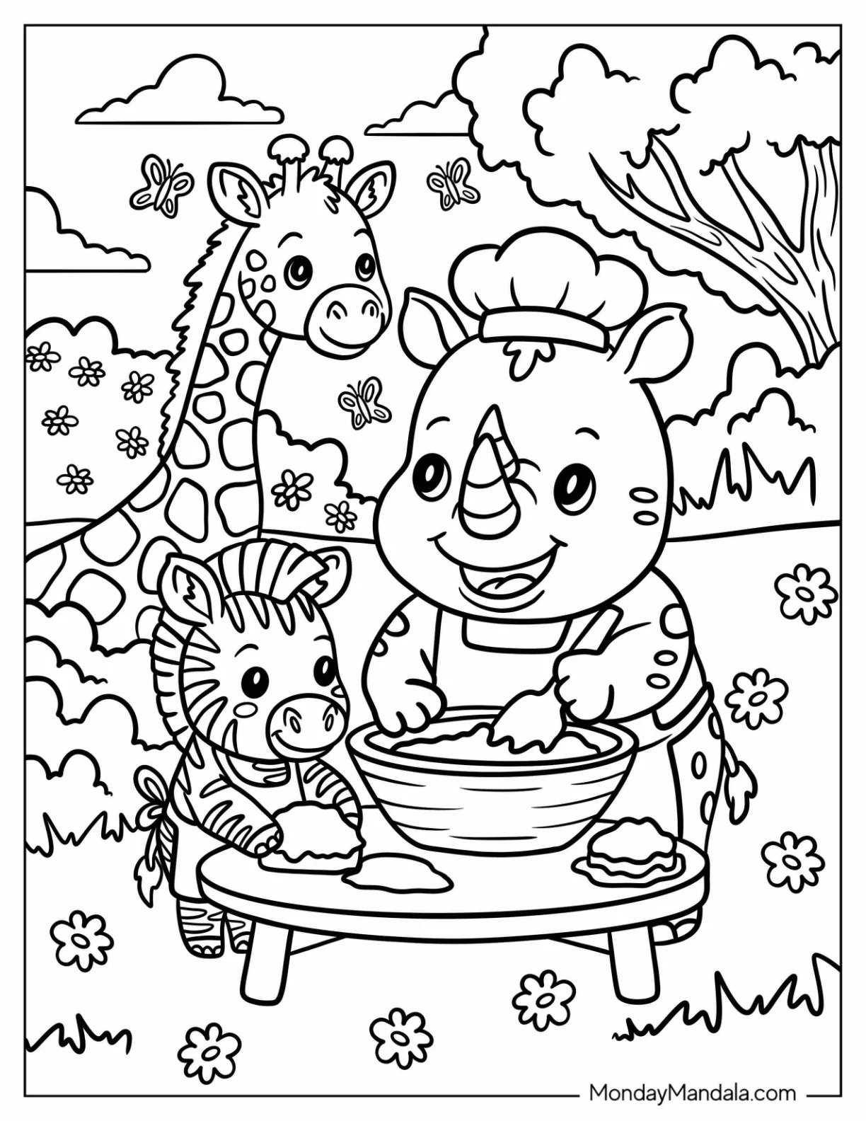 Cute Rhino Coloring Page Baking with a Zebra and a Giraffe coloring page