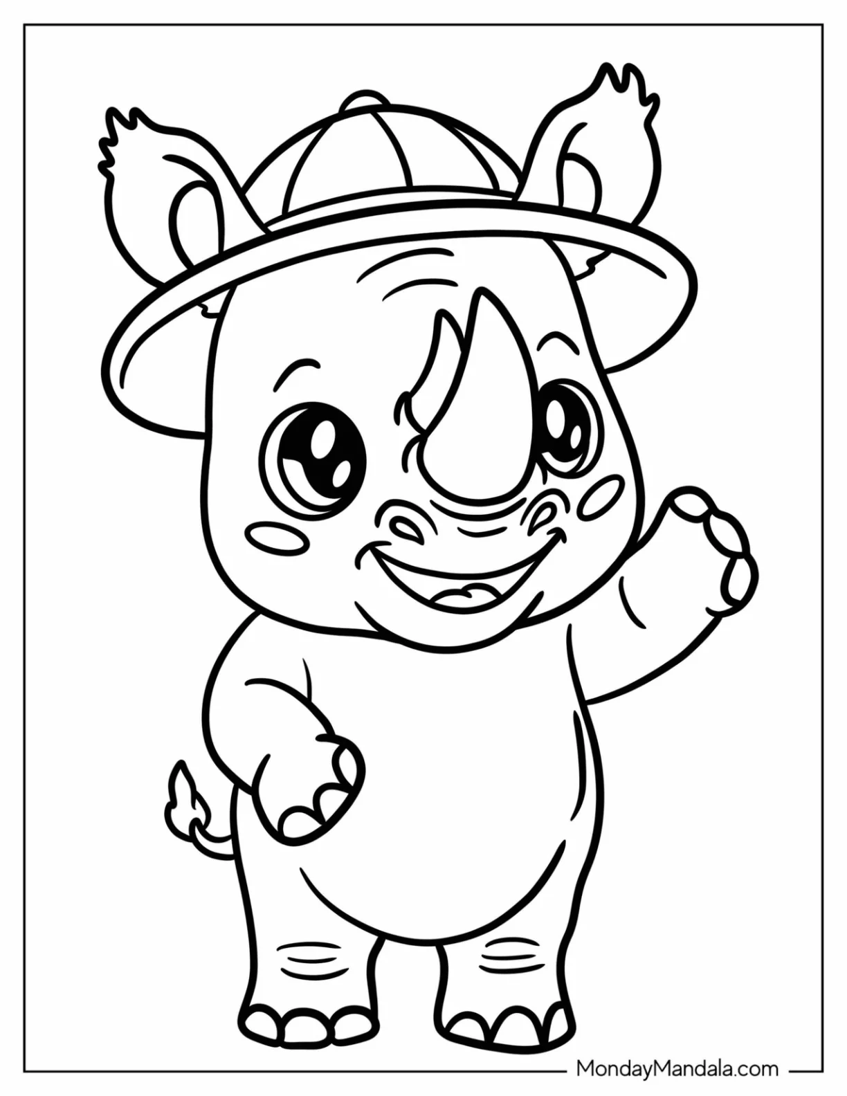 Easy Rhino Coloring Page in a Hat Waving for Preschoolers coloring page