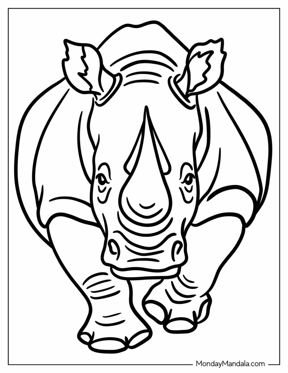 Front View of a Scary Rhino Coloring Page for Kids coloring page