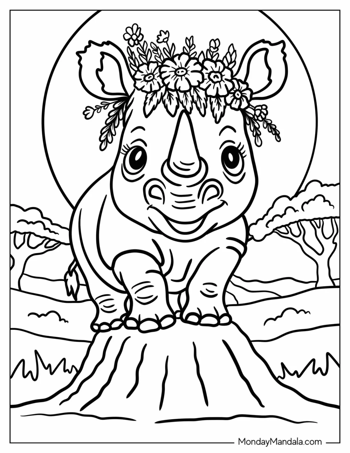 Kawaii Rhino Coloring Page with a Flower Crown for Kids coloring page