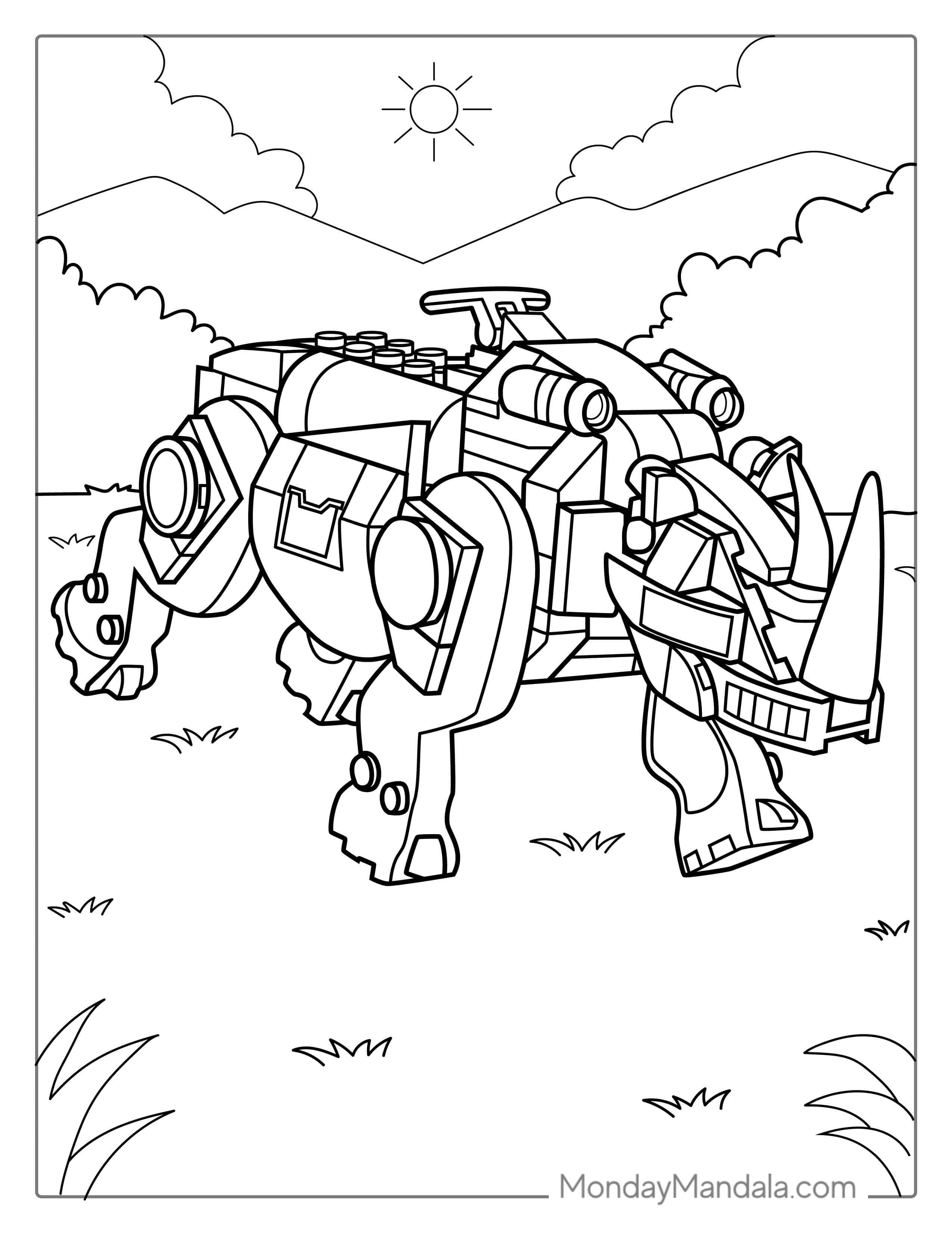 Lego Rhinoceros Coloring Page For Kids coloring page — printable line art