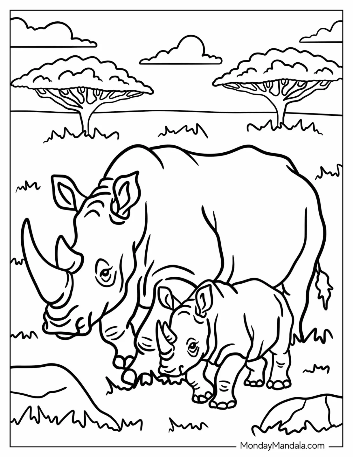 Mama Rhino Coloring Page Walking with Her Baby coloring page