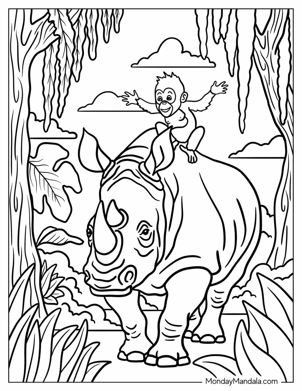 Monkey Sitting on the Back of a Rhino Coloring Page for Kids coloring page