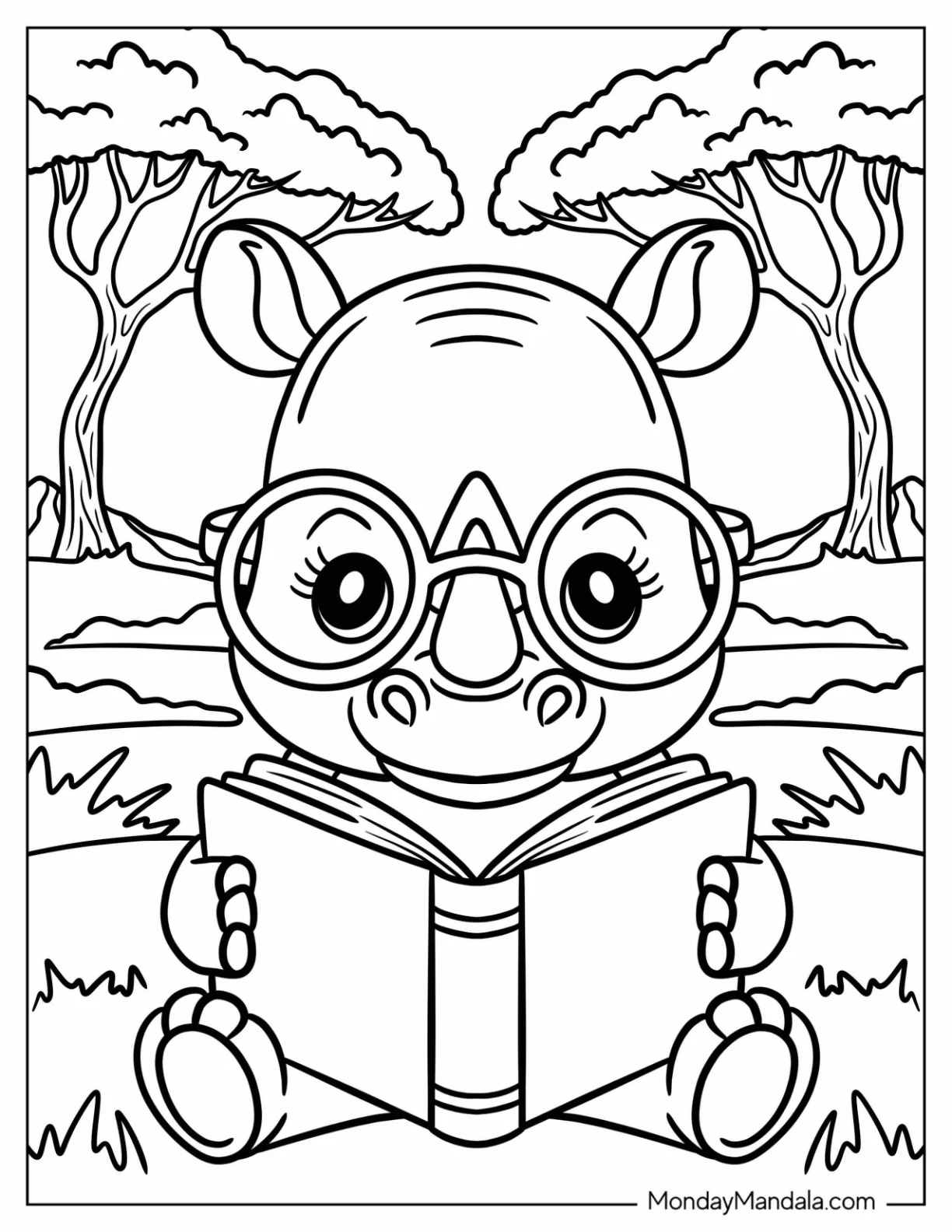Nerdy Rhino Coloring Page with Glasses Reading a Book coloring page