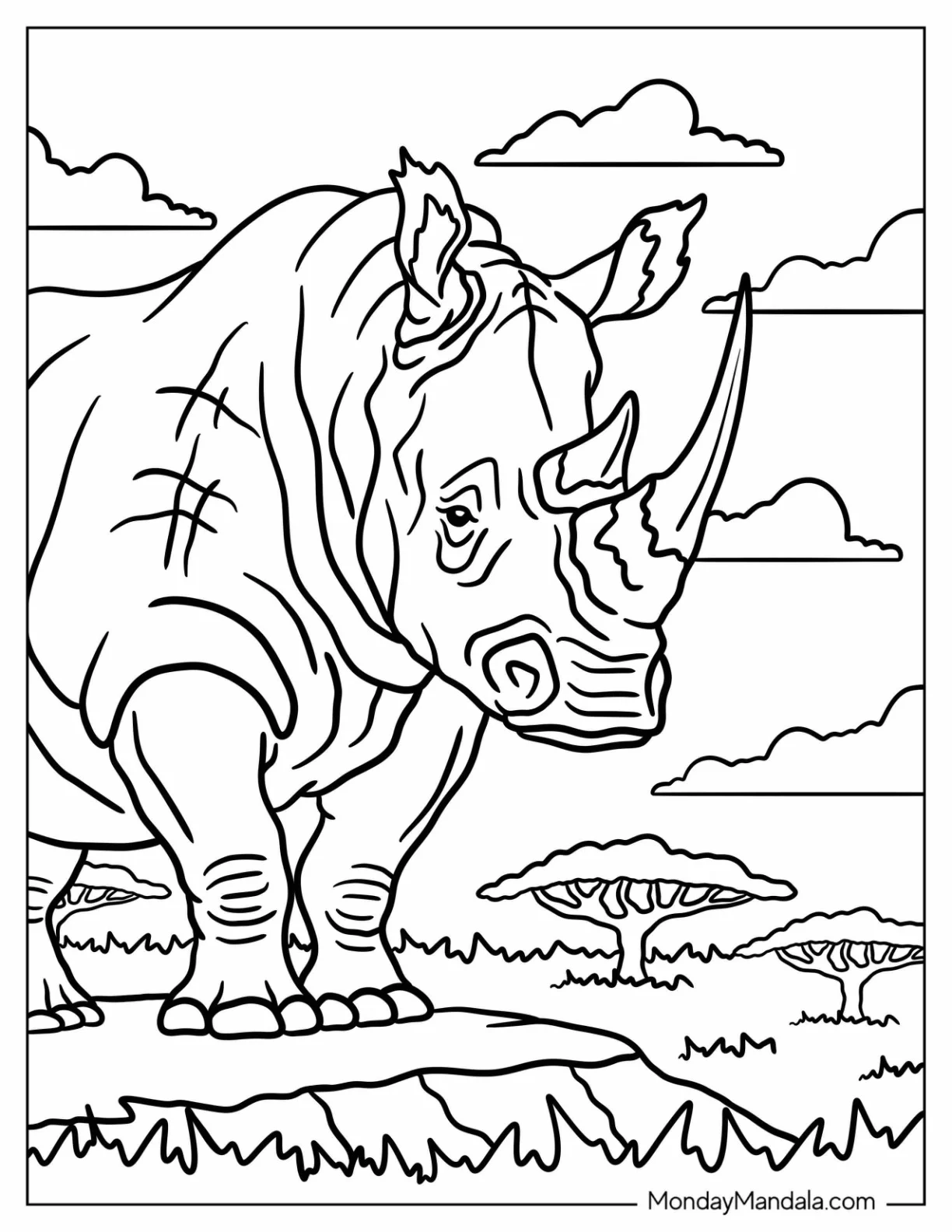 Old Rhino Coloring Page Overlooking a Forest coloring page — printable line art