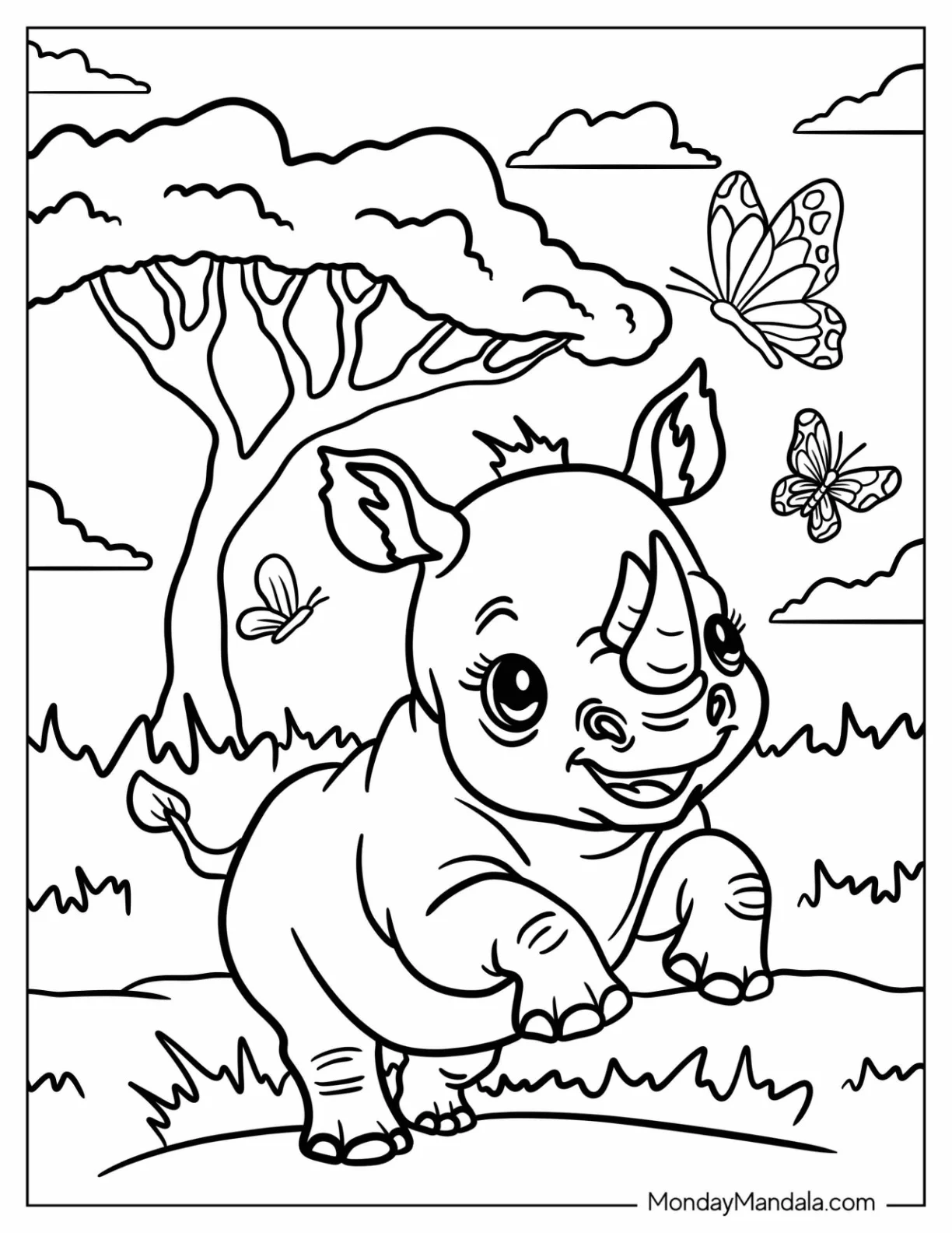 Playful Rhino Coloring Page Leaping to Catch Butterflies coloring page
