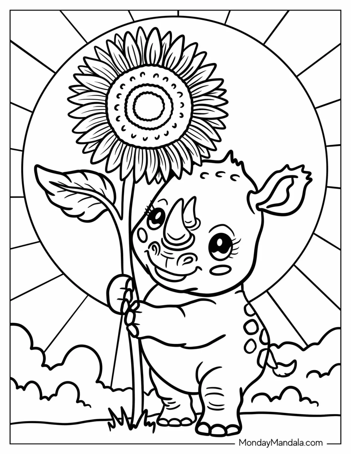 Rhino Coloring Page Holding a Giant Sunflower coloring page