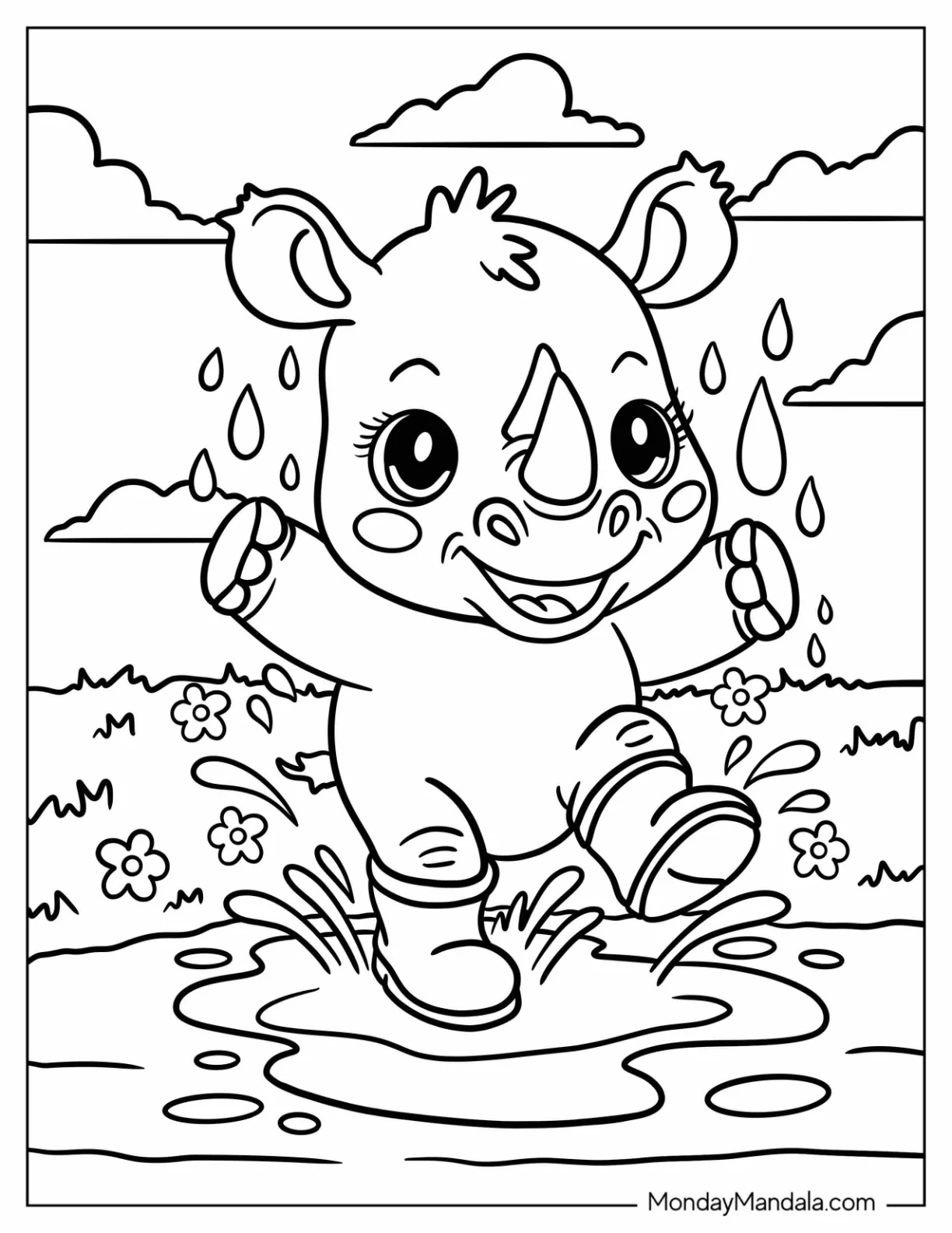 Rhino Coloring Page in Rain Boots Playing in a Puddle coloring page