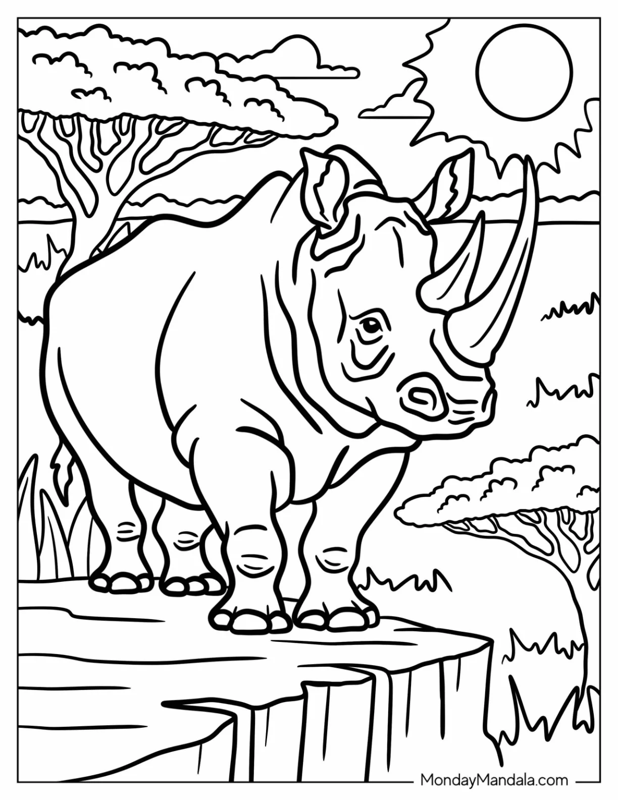 Rhino Coloring Page Standing on a Rock on a Sunny Day for Kids coloring page