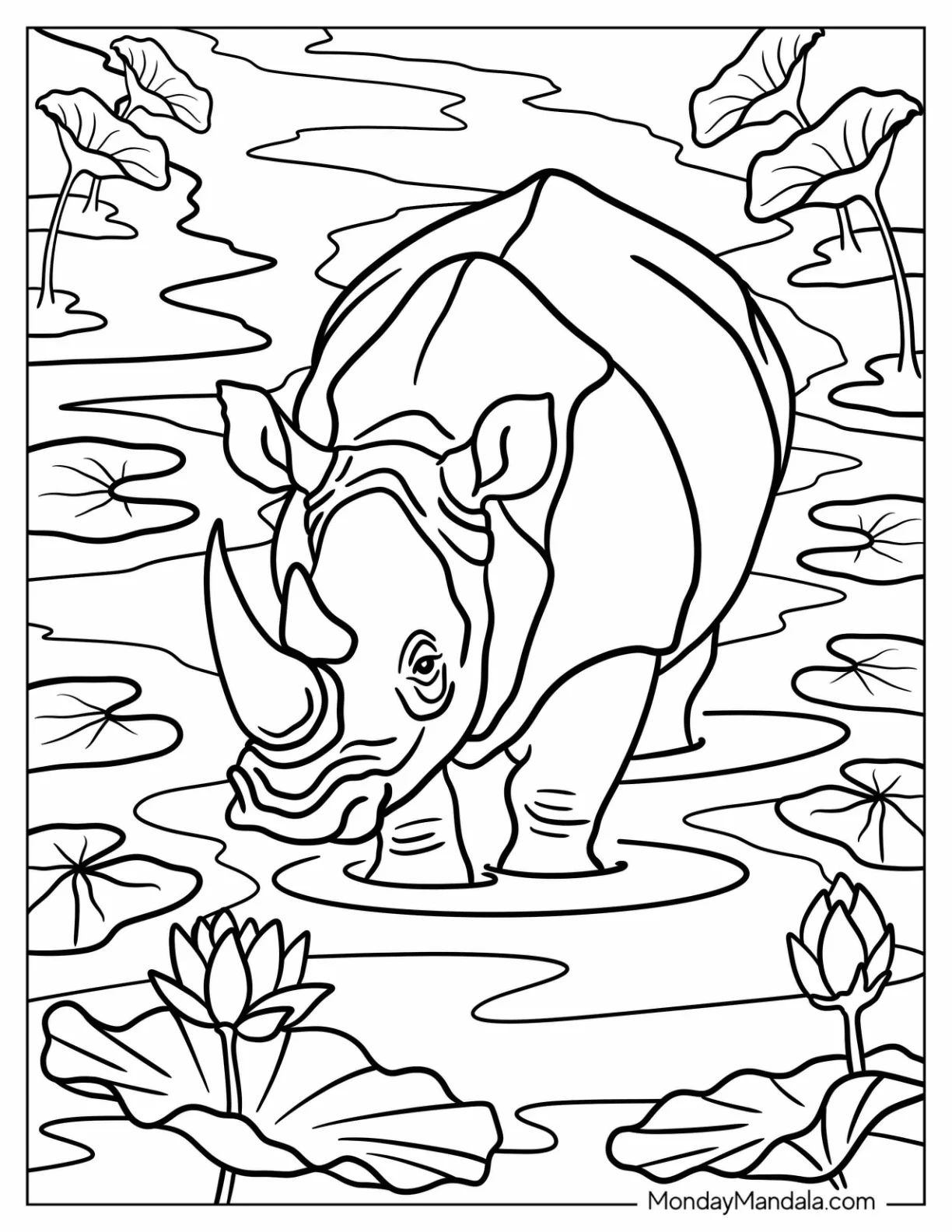 Rhino Coloring Page Walking Through a Pond with Water Lilies coloring page — printable line art