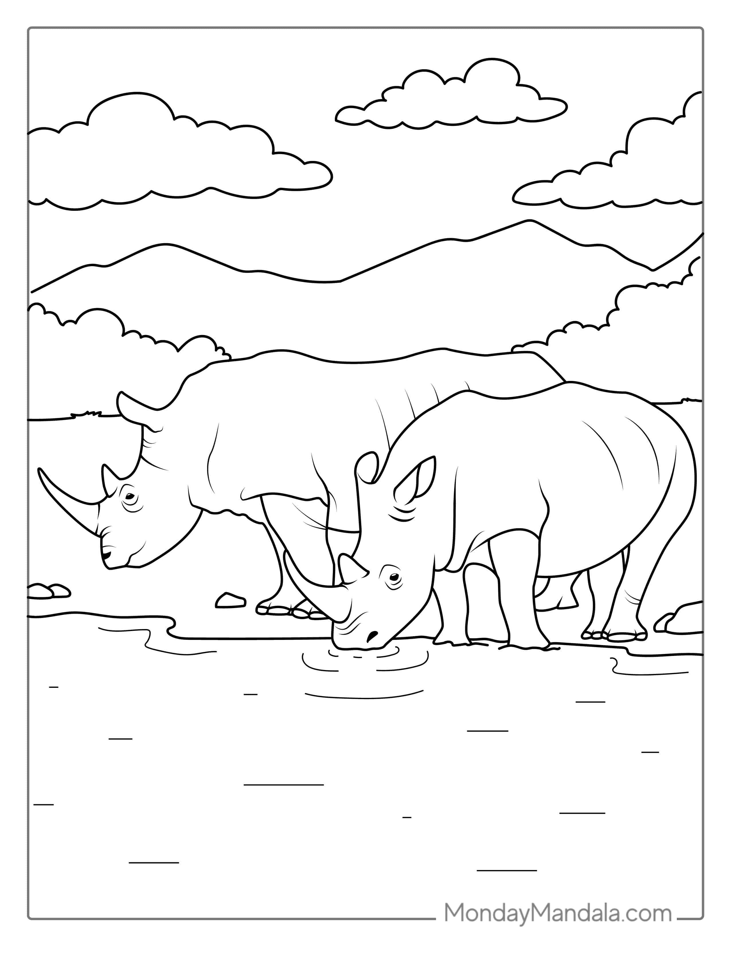 Two Rhinos Drinking Water To Color coloring page
