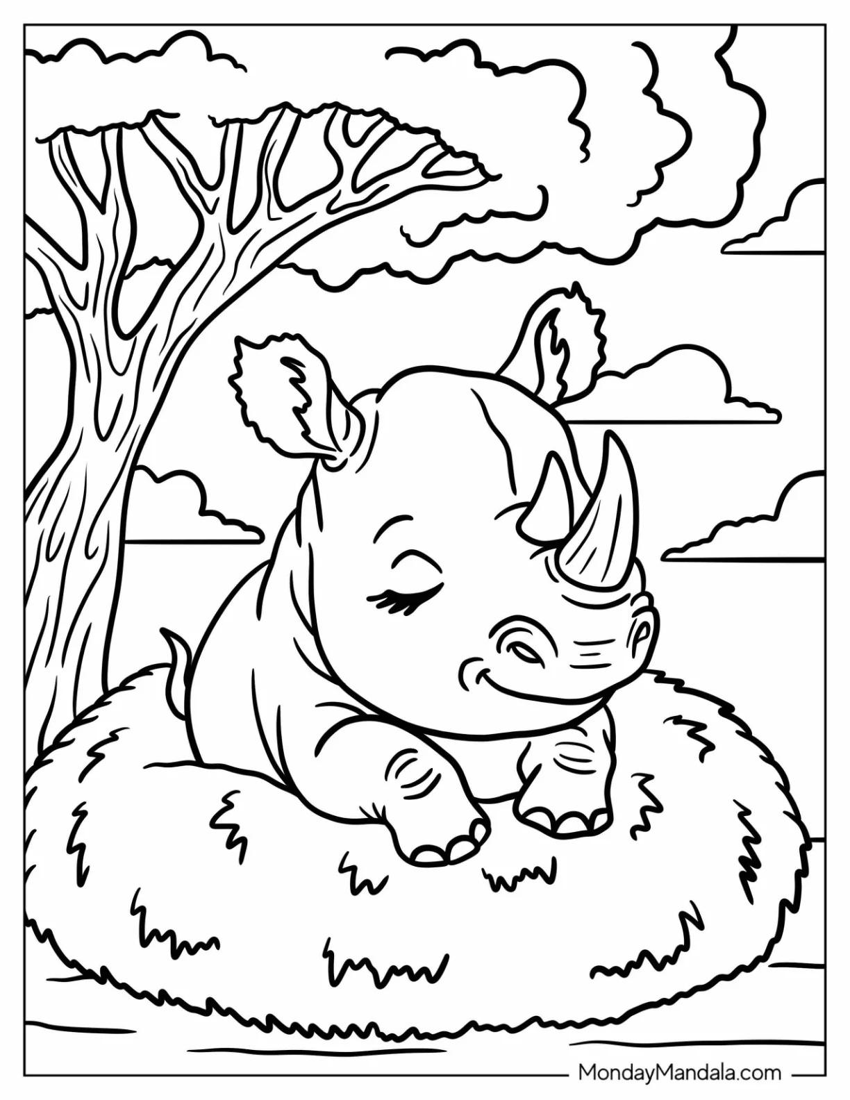 Young Rhino Coloring Page Resting on a Bush for Preschoolers coloring page